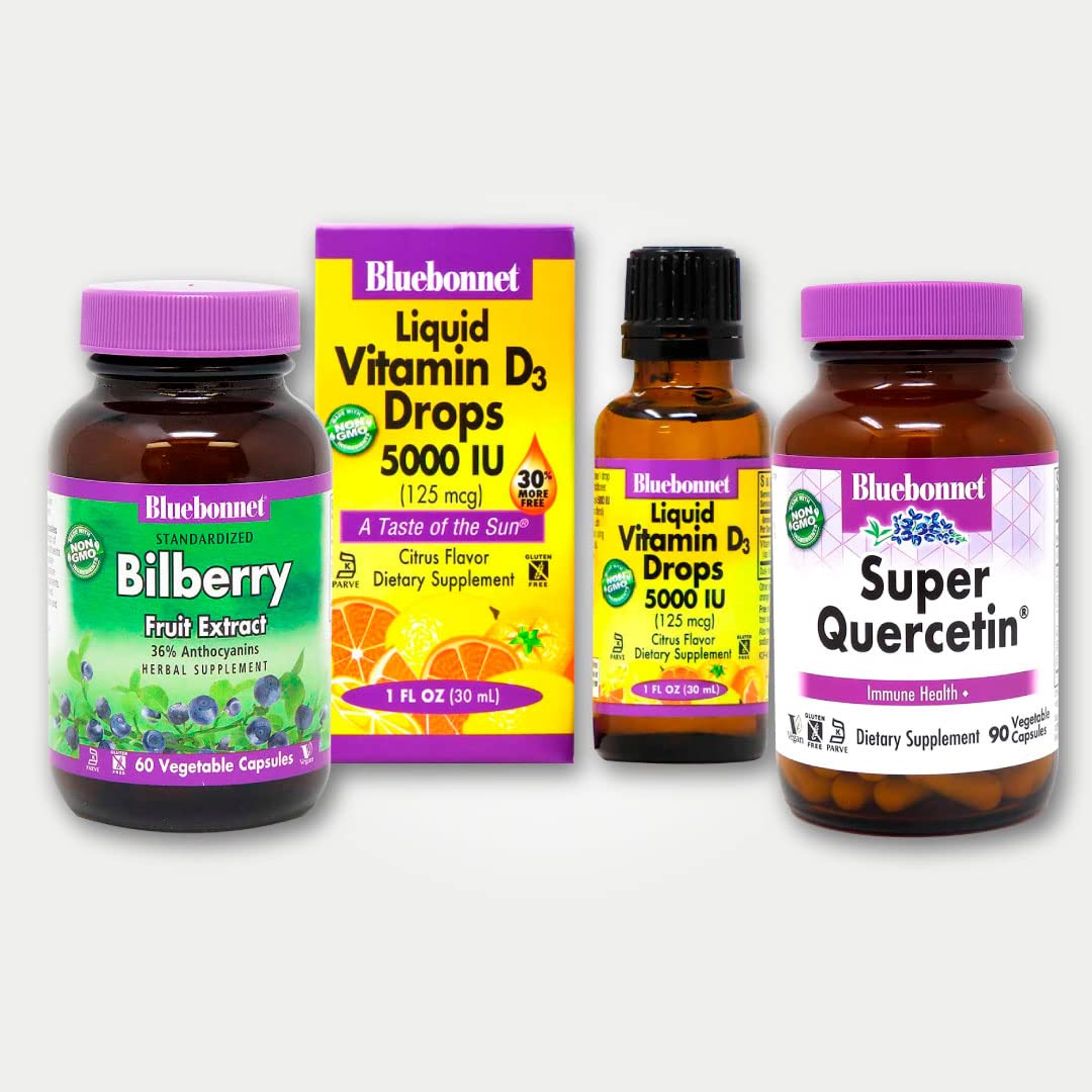 Bluebonnet Nutrition Super Quercetin with Vitamin C 90 Capsules + Standardized Bilberry Extract 60 Caps + Liquid Vitamin D3 5000 IU Drops (1 Fl Oz) Citrus Flavor - Immune Support, Antioxidant Boost & Eye Health Supplement for Adults | Daily Wellness & Seasonal Defense