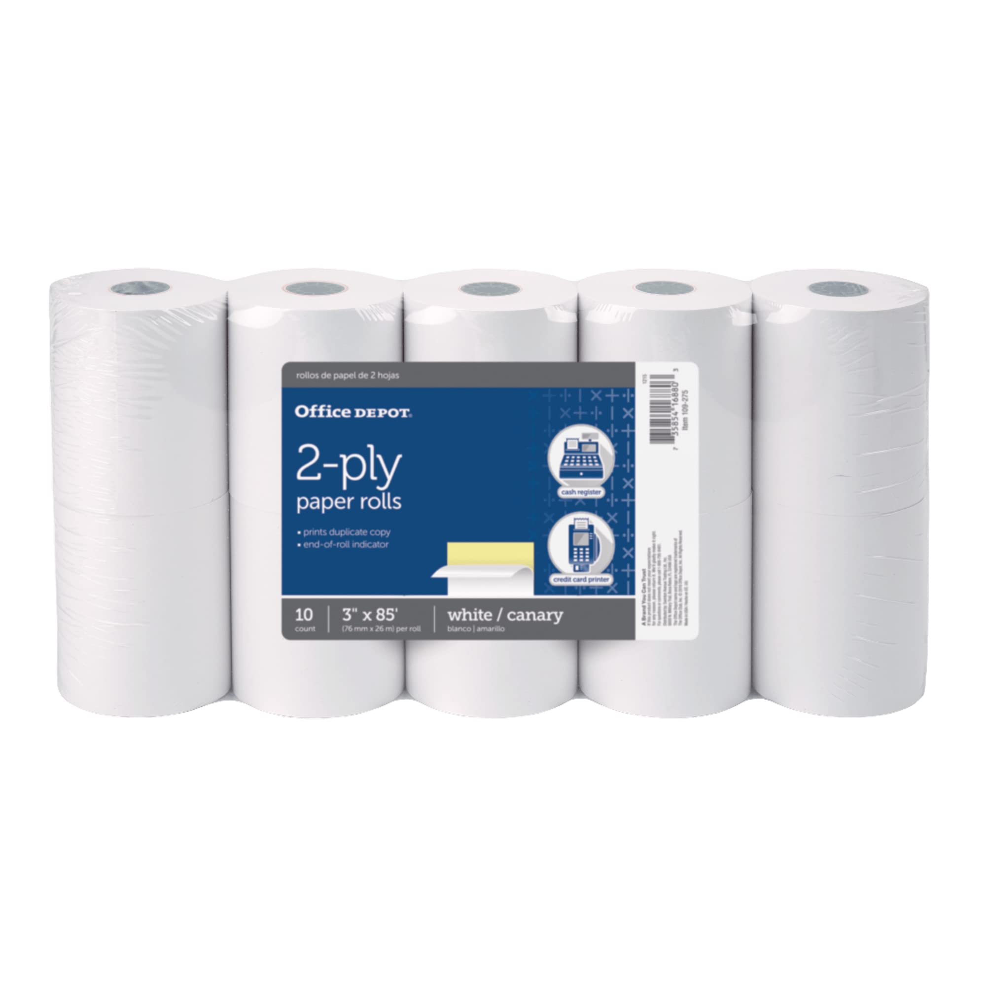 Office Depot 2-Ply Carbonless Paper Rolls, 3in x 85ft, Canary & White, 10-Pack (109275) - Ideal for Receipts, Invoices & Order Forms in Retail & Restaurant Businesses