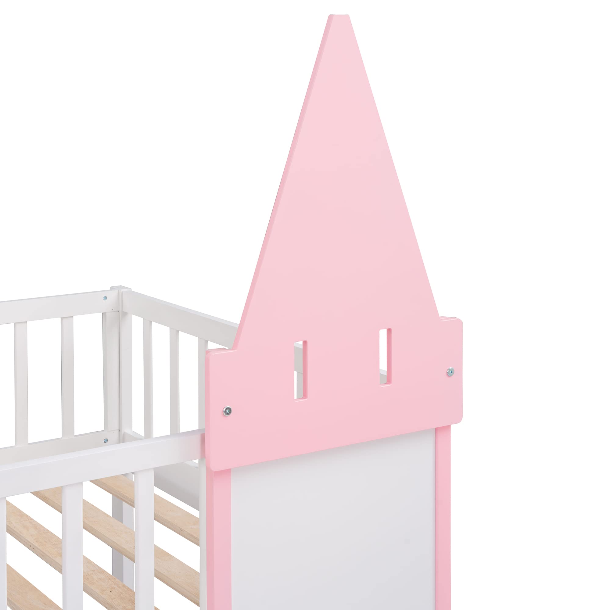 MERITLINE Twin Over Twin Wooden Castle Loft Bunk Bed with Safety Rail & Ladder - Kids Low Bunk Bed Frame for Boys & Girls - Perfect for Bedroom, Dorm, Playroom & Sleepovers (Pink)