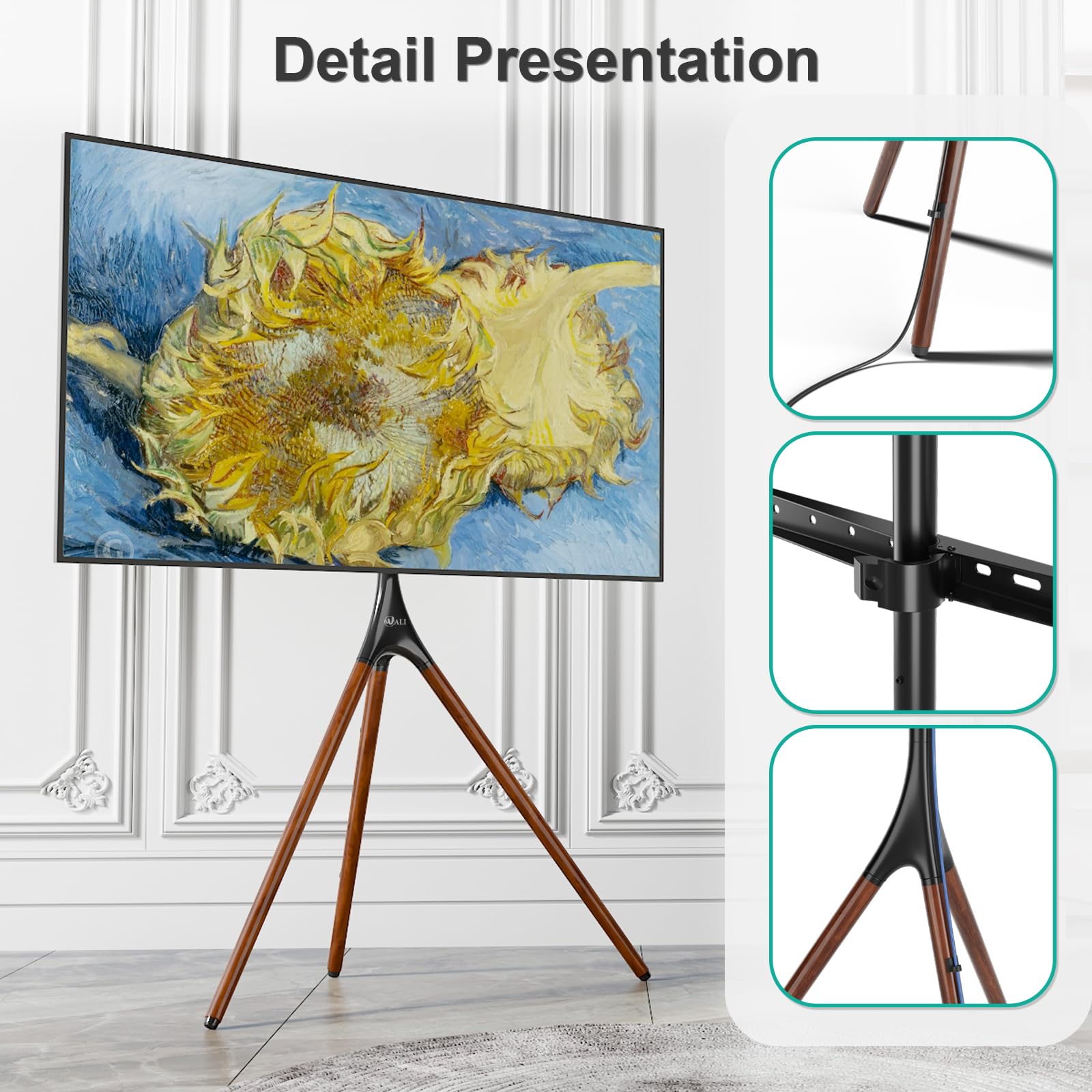WALI Tripod TV Stand for 45-65 Inch TVs - Adjustable Height Modern Easel Floor Stand with Beech Wood Legs - Portable Corner TV Mount for Living Room, Bedroom, Office & Studio (Black, TFS001XL) - Perfect for Home Entertainment & Professional Spaces