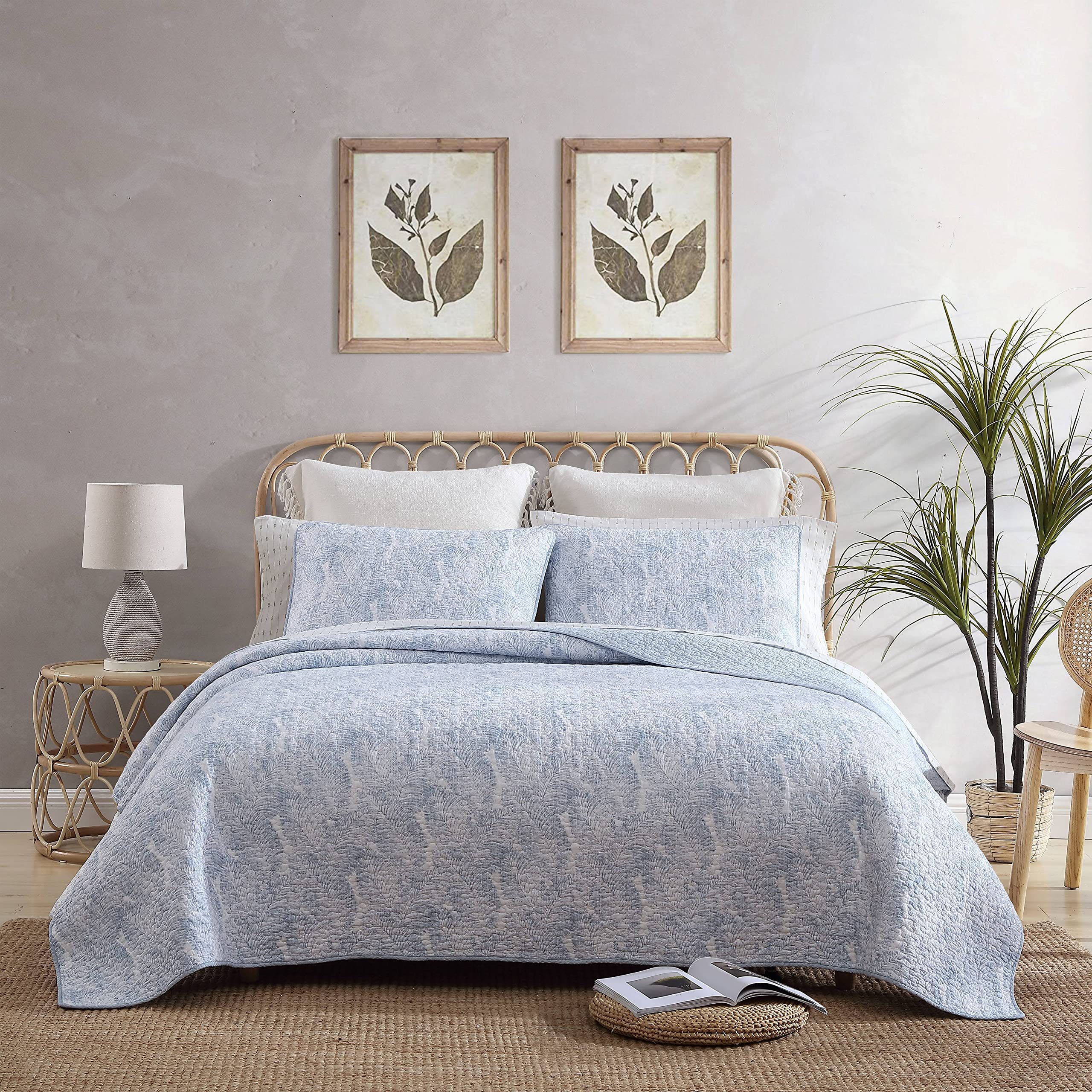 Tommy Bahama King Size Reversible Cotton Quilt Set with Matching Sham - Coastal Bedding in Distressed Water Leaves Blue, Textured Reverse for Comfort & Style | Perfect for Beach House, Guest Room & Coastal-Themed Bedrooms