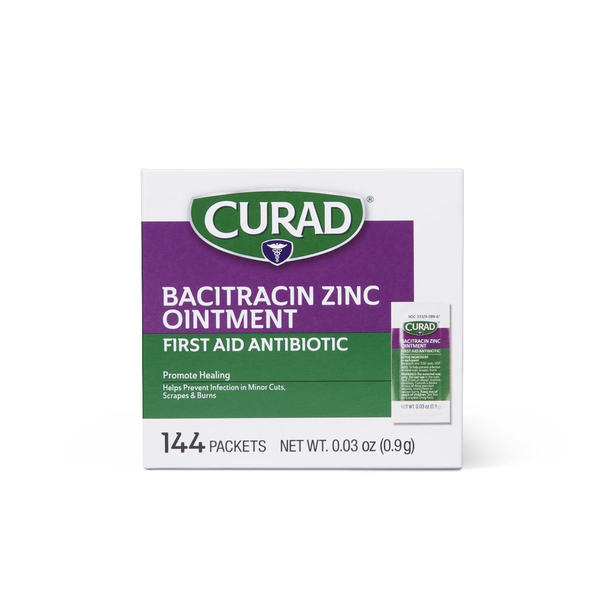 CURAD Bacitracin Zinc Antibiotic Ointment - 0.9g First Aid Wound Care Treatment (144 Foil Packets/Box) - Ideal for Minor Cuts, Scrapes, and Burns at Home, Work, or Outdoor Activities