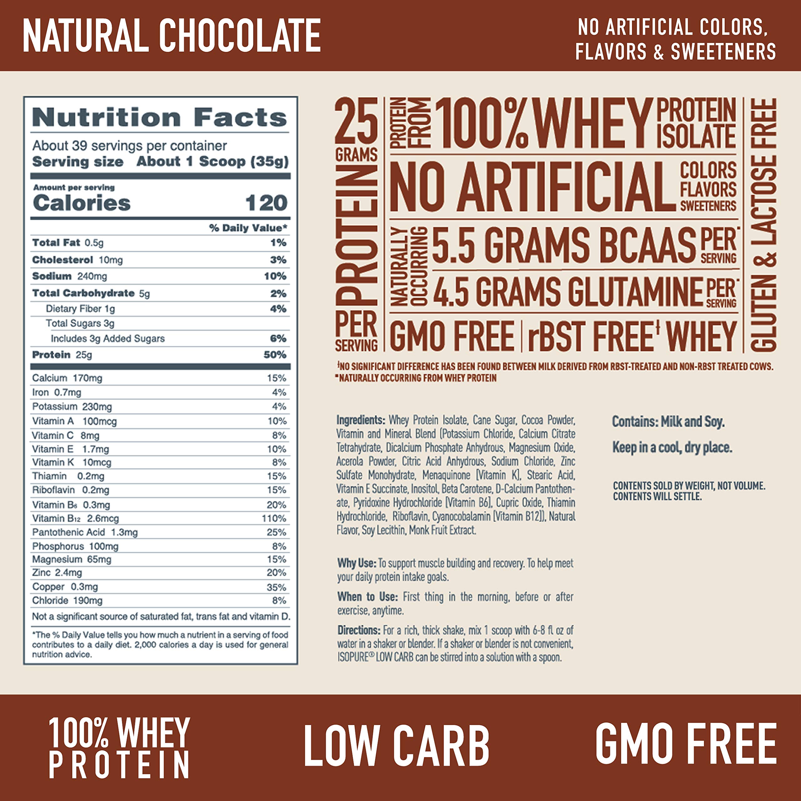 Isopure Low Carb 100% Pure Whey Isolate Protein Powder - Lactose Free, Gluten Free, 25g Protein Per Serving, Vitamin Enriched Chocolate Flavor (3 Lbs, 39 Servings) - Perfect for Post-Workout Recovery & Muscle Building