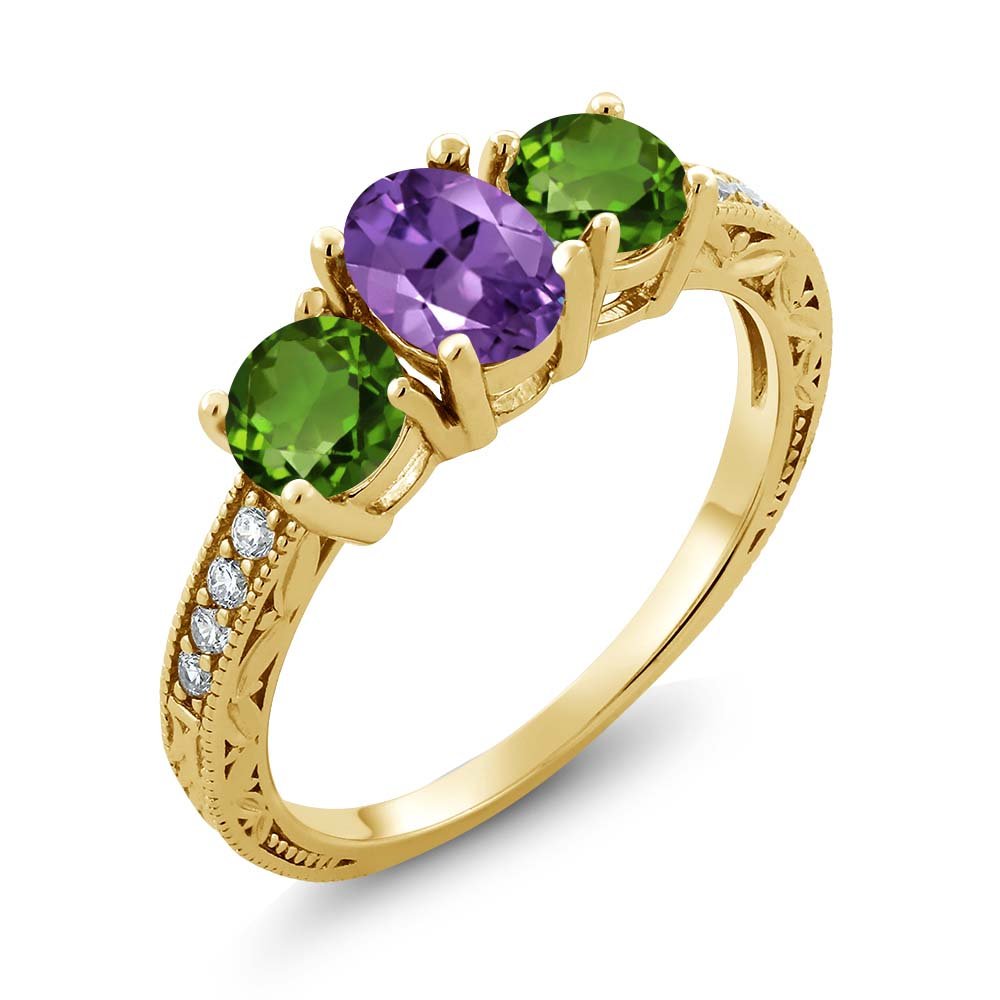 1.87 Ct Natural Purple Amethyst & Green Chrome Diopside 18K Gold Plated Silver Ring for Women | Elegant Jewelry Gift for Birthday, Anniversary & Special Occasions