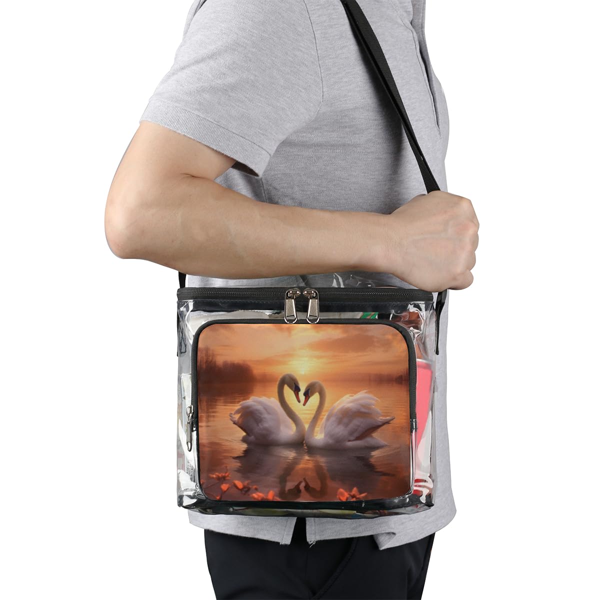 GzLeyigou White Swan Transparent Tote Bag with Handles - Waterproof Clear Crossbody Shoulder Bag for Lunch, Outdoor Activities, Travel, Picnic, Concerts & Sports Events | Stadium Approved Multipurpose Purse | Perfect for Beach Days, Shopping, and Music Festivals