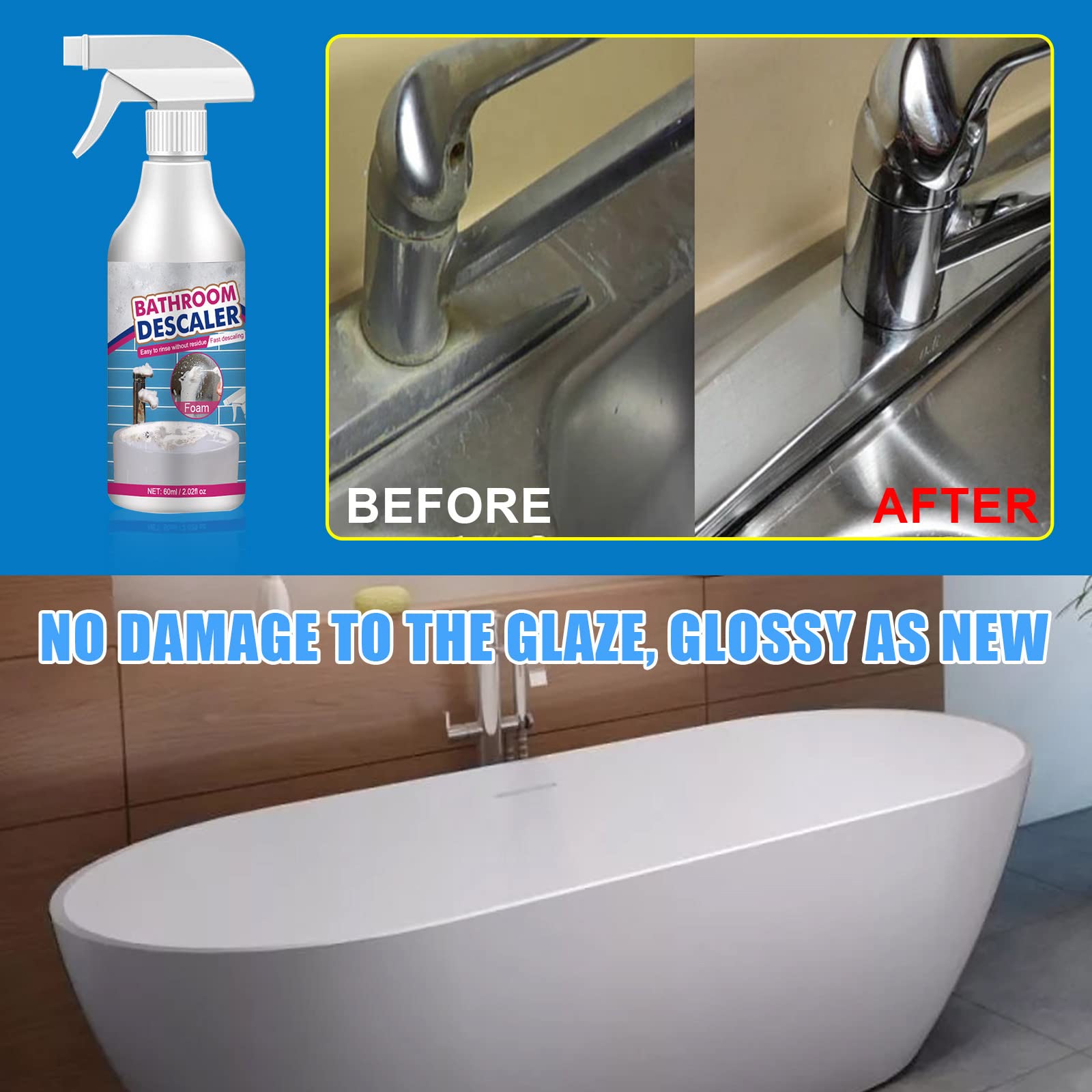 60ml/2.02oz Heavy Duty Stain & Limescale Remover | Bathroom Descaler & Foam Cleaner Spray | Multi-Surface Cleaning Foam for Shower, Sink, Tile & Toilet (2-Pack) – Perfect for Deep Cleaning Bathrooms & Removing Tough Stains