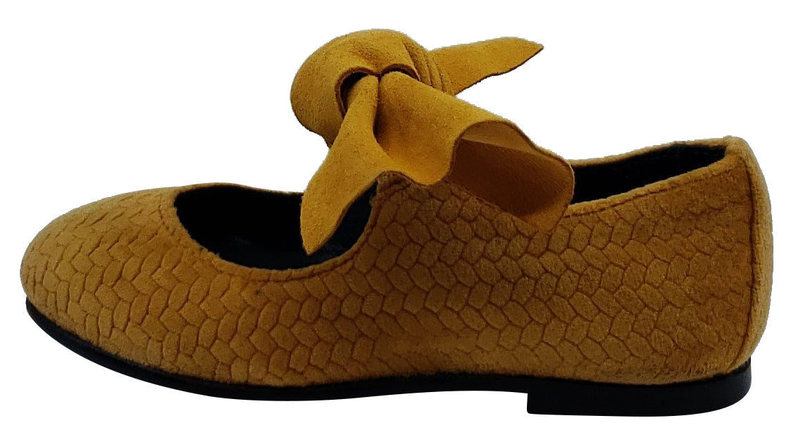 BluBlonc Girls Mustard Mosaic Velvet Bow Flat Shoes - Elegant & Comfortable for School, Parties & Special Occasions