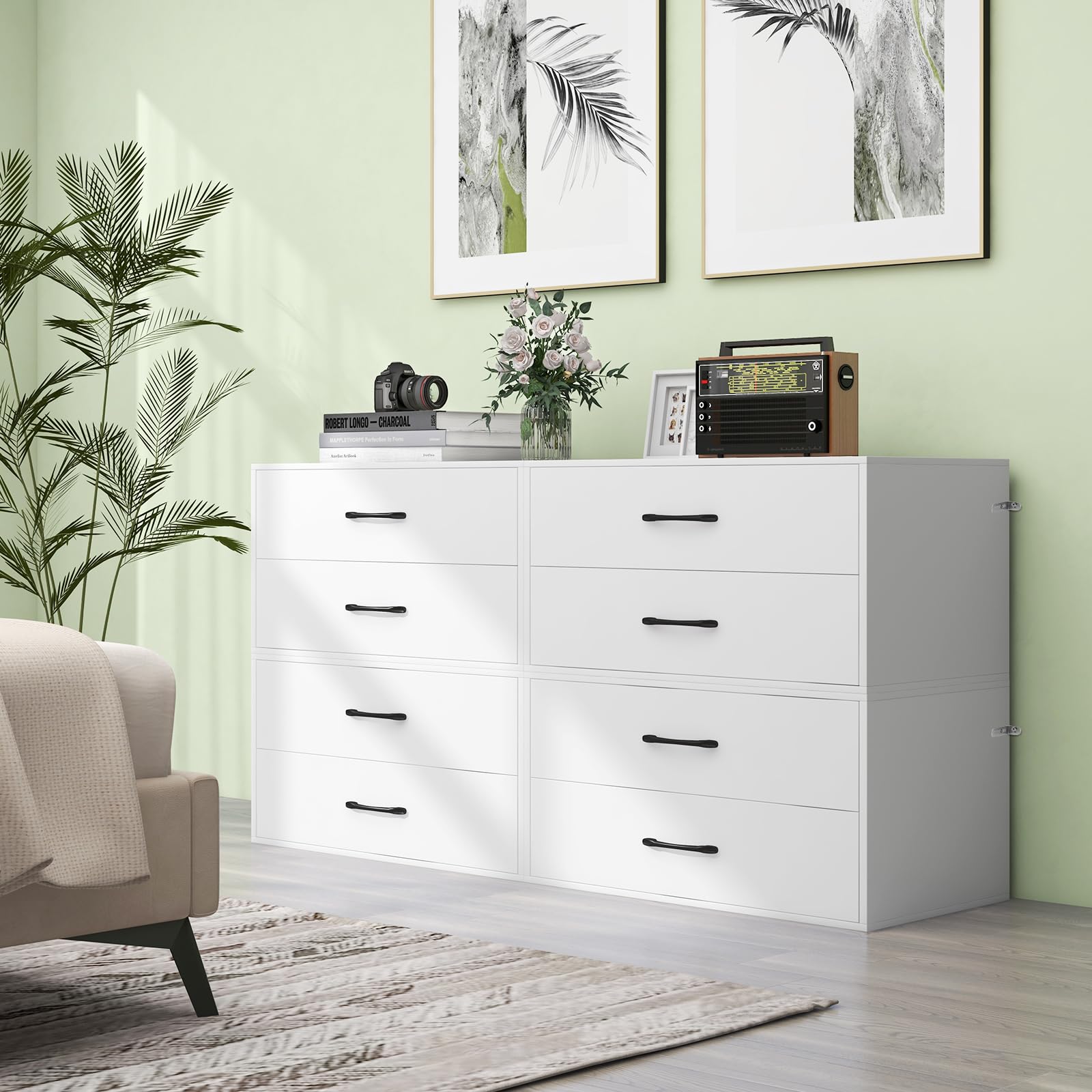 Giantex 2-Drawer Stackable Dresser Organizer with Handles - Horizontal Storage Cube for Bedroom, Living Room, Office & Closet - White (Perfect for Small Spaces & Home Organization)