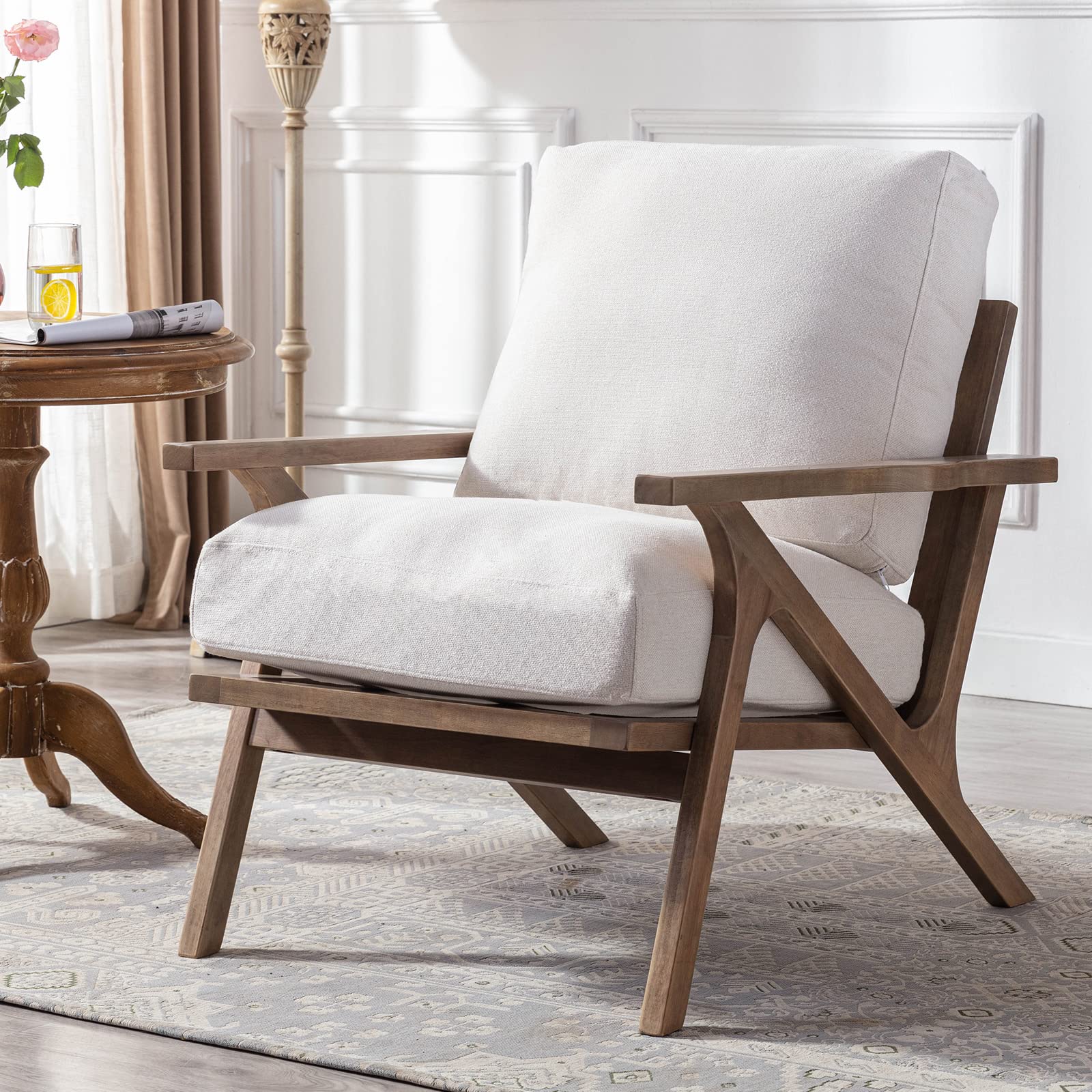 Guyou Mid Century Modern Accent Chairs Set of 2 - Wooden Lounge Armchairs with Detachable Upholstered Cushions, Retro Style Living Room Sofa Chairs for Bedroom, Reading Nook & Office (White) - Perfect for Relaxing, Entertaining & Home Decor