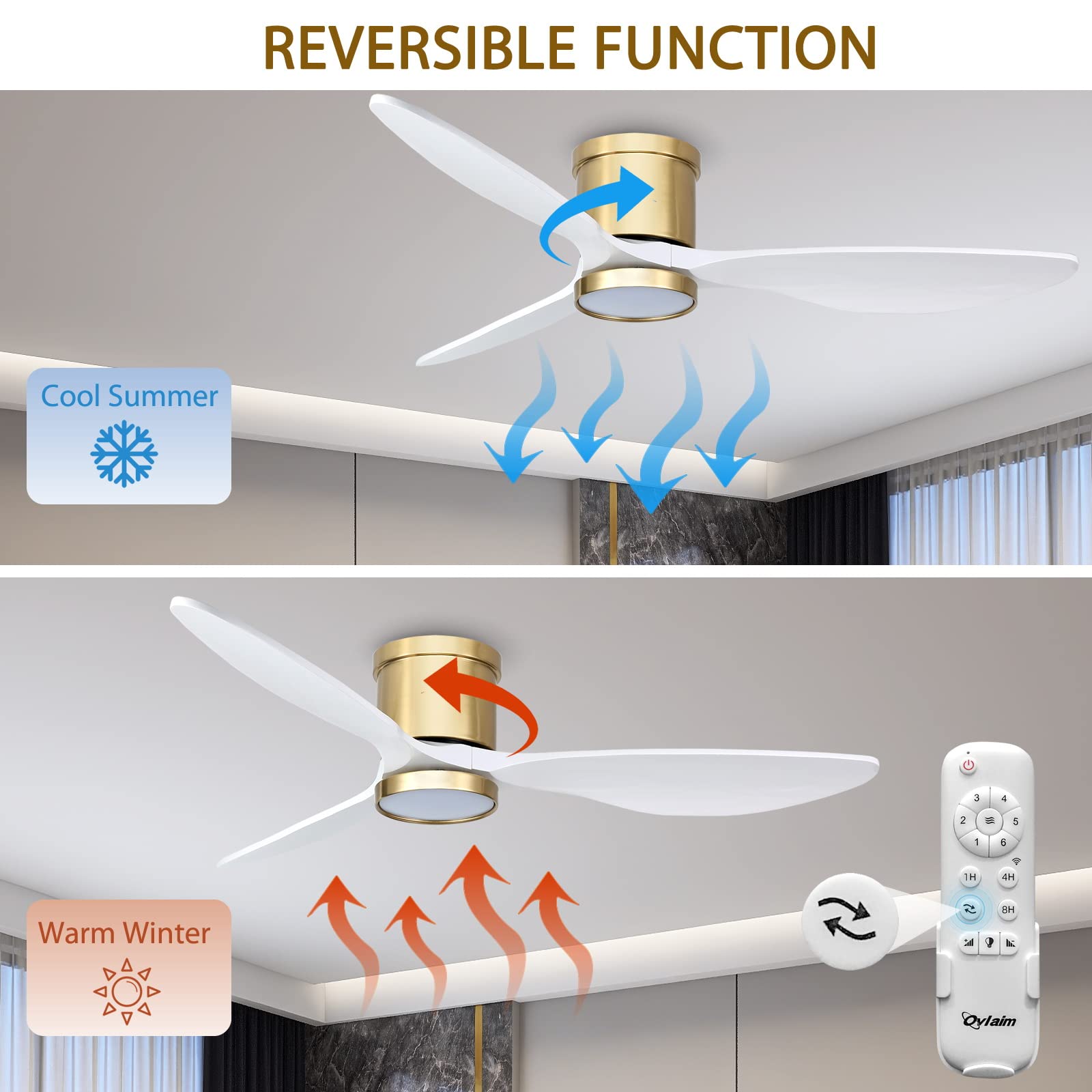 Ovlaim 52 Inch Smart Wood Ceiling Fan with Light and Remote Control - 3 Blade White Gold Modern Low Profile Flush Mount - Quiet DC Motor for Bedroom, Living Room, Office - Perfect for Home Cooling and Stylish Decor