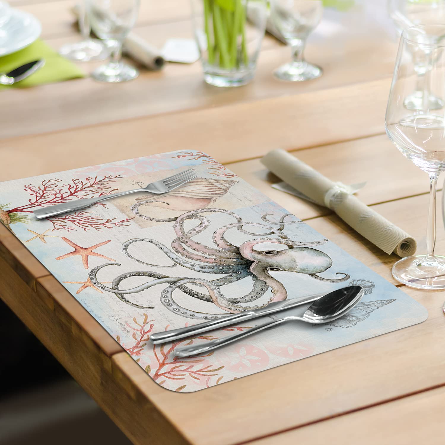 CounterArt Caribbean Sea Crab 4 Pack Reversible Plastic Placemats - BPA Free, Dishwasher Safe, Easy Wipe Clean - USA Made for Dining Table, Kitchen, Party & Outdoor Use
