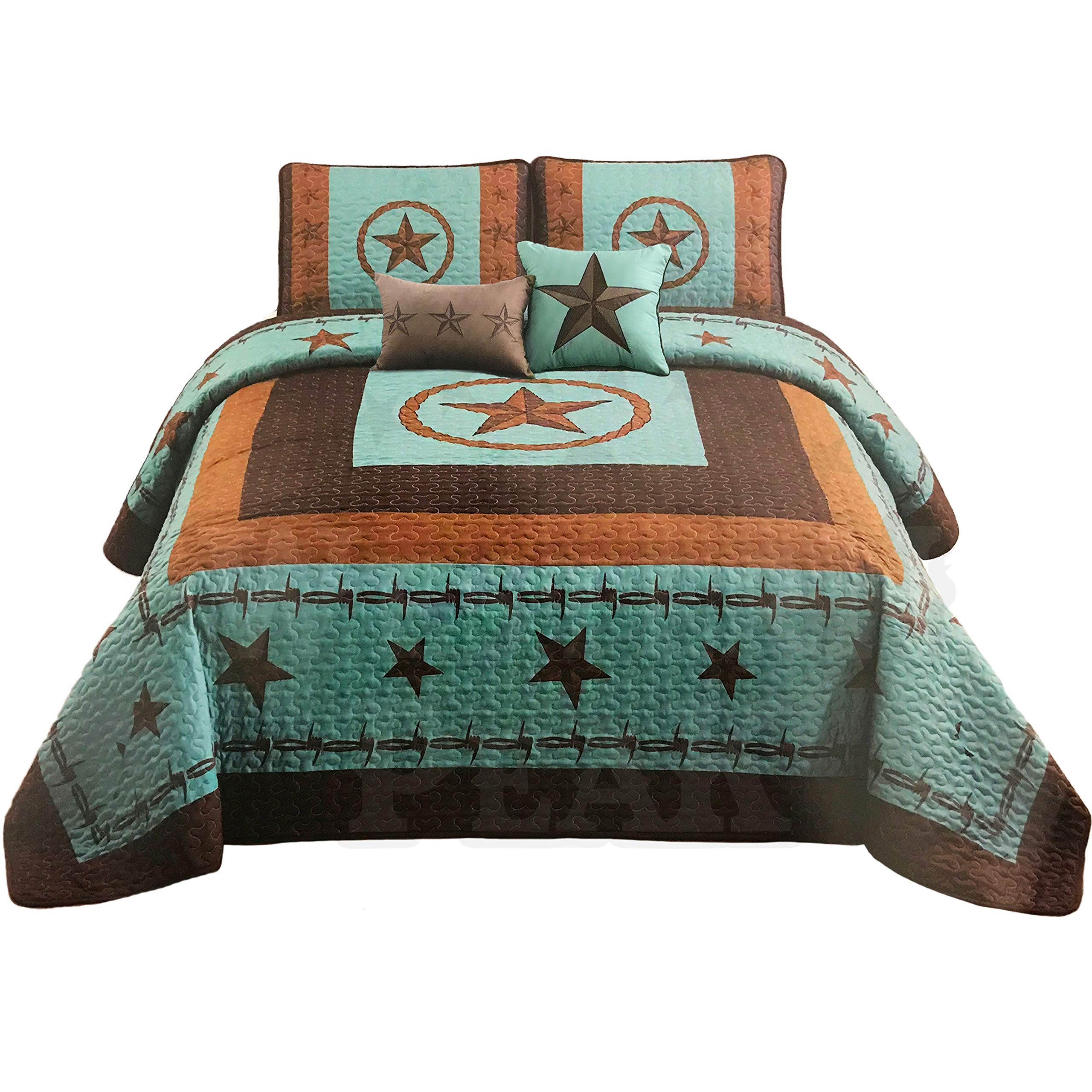 Western Peak 5-Piece Western Texas Cross Lodge Barbed Wire Quilt Bedspread Set with Shams & Oversized Comforter - Western Turquoise King Size for Rustic Ranch, Cabin, or Southwestern Bedroom Decor