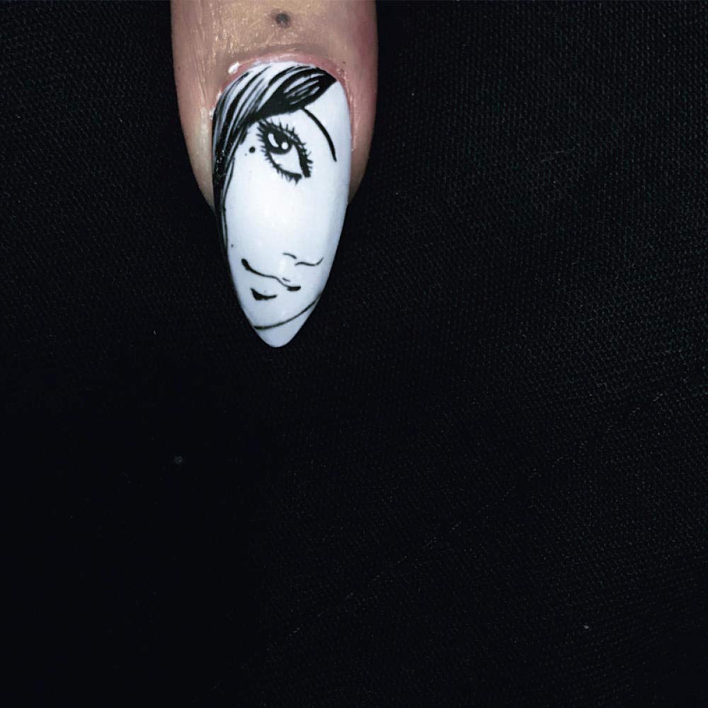 HUIL False Nails - Black & White Pure Color Fashion Caricature Fake Nails | Japanese Punk Style Full Nail Tips | Perfect for Parties, Cosplay & Gothic Fashion