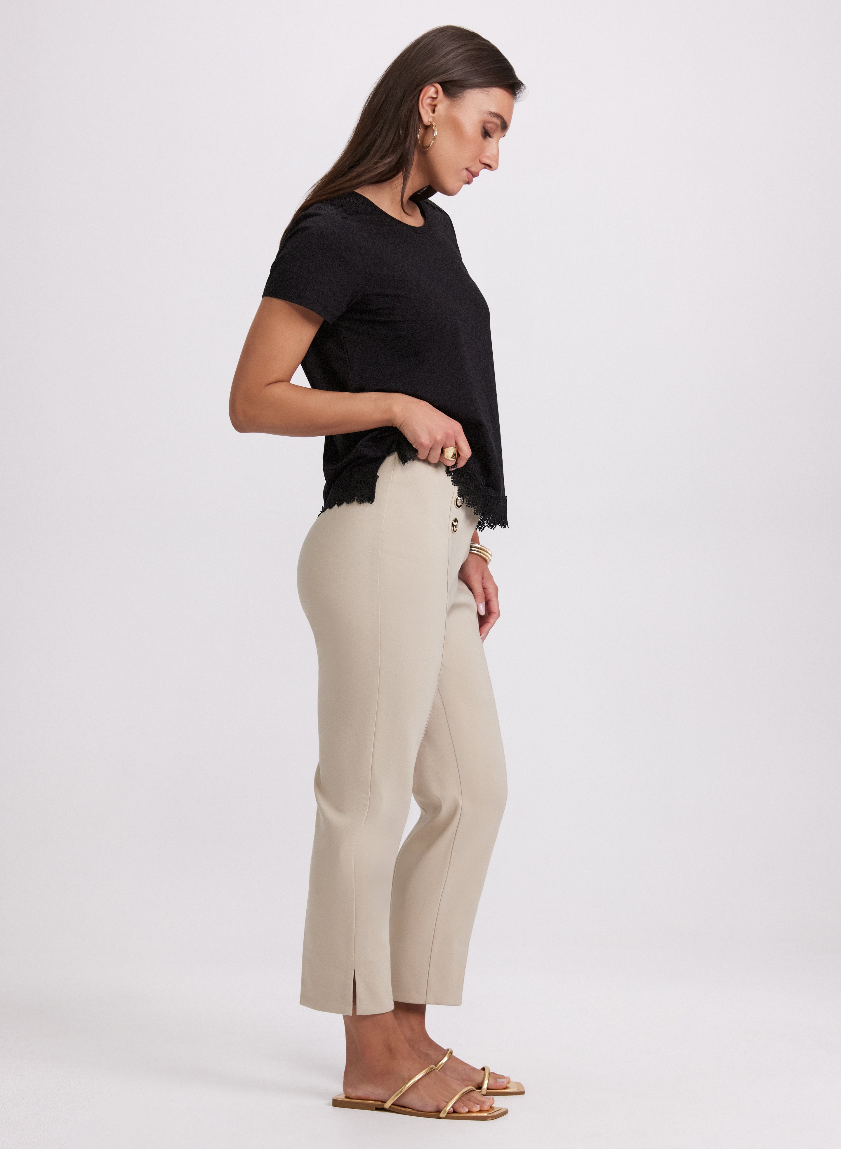 Emma Button Detail Pants for Women - High Waisted Stretch Comfort Fit Trousers | Perfect for Office, Travel & Casual Wear