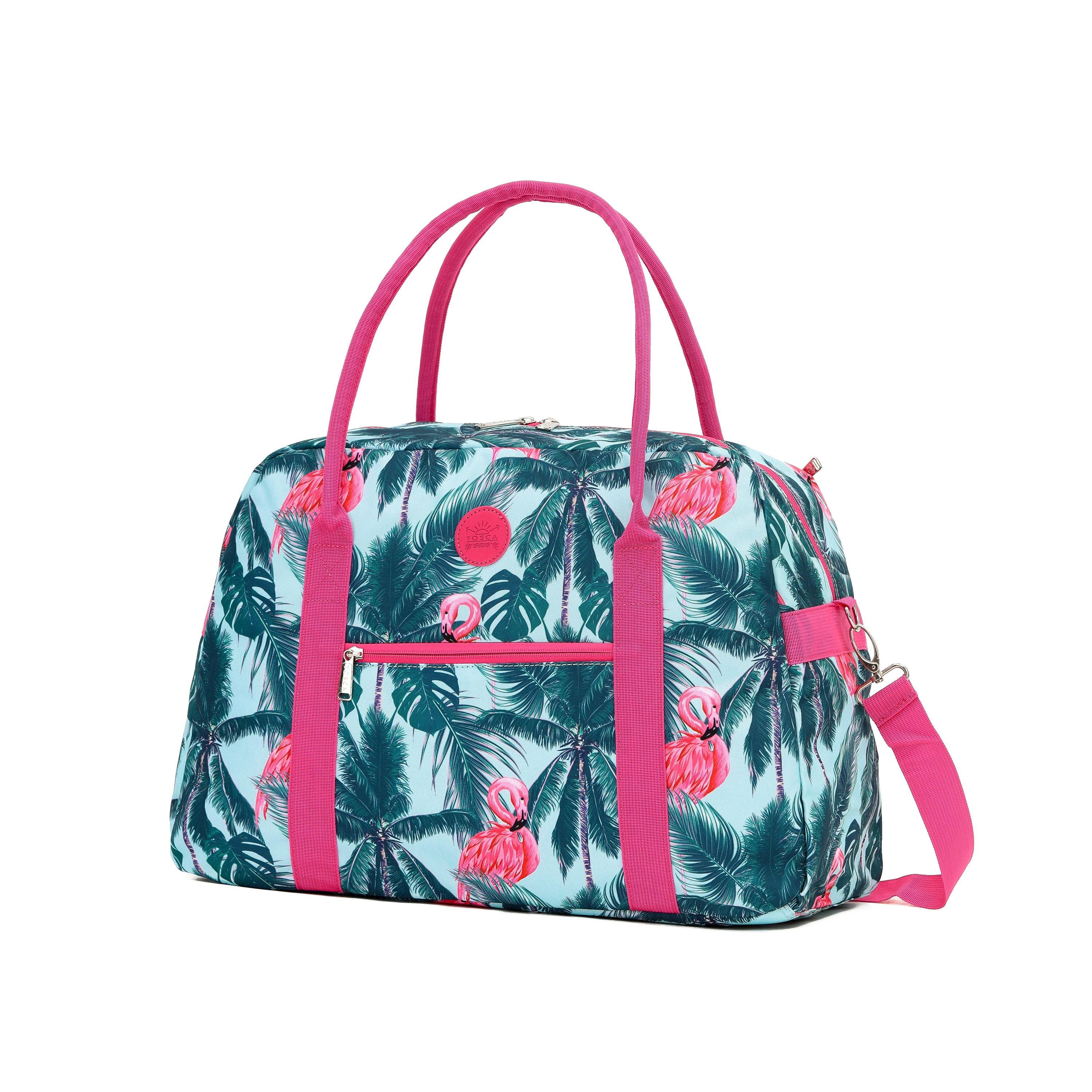 Tosca TCA935 Stylish Flamingo Print Tote & Duffle Bag for Women - Perfect for Travel, Gym, and Everyday Use