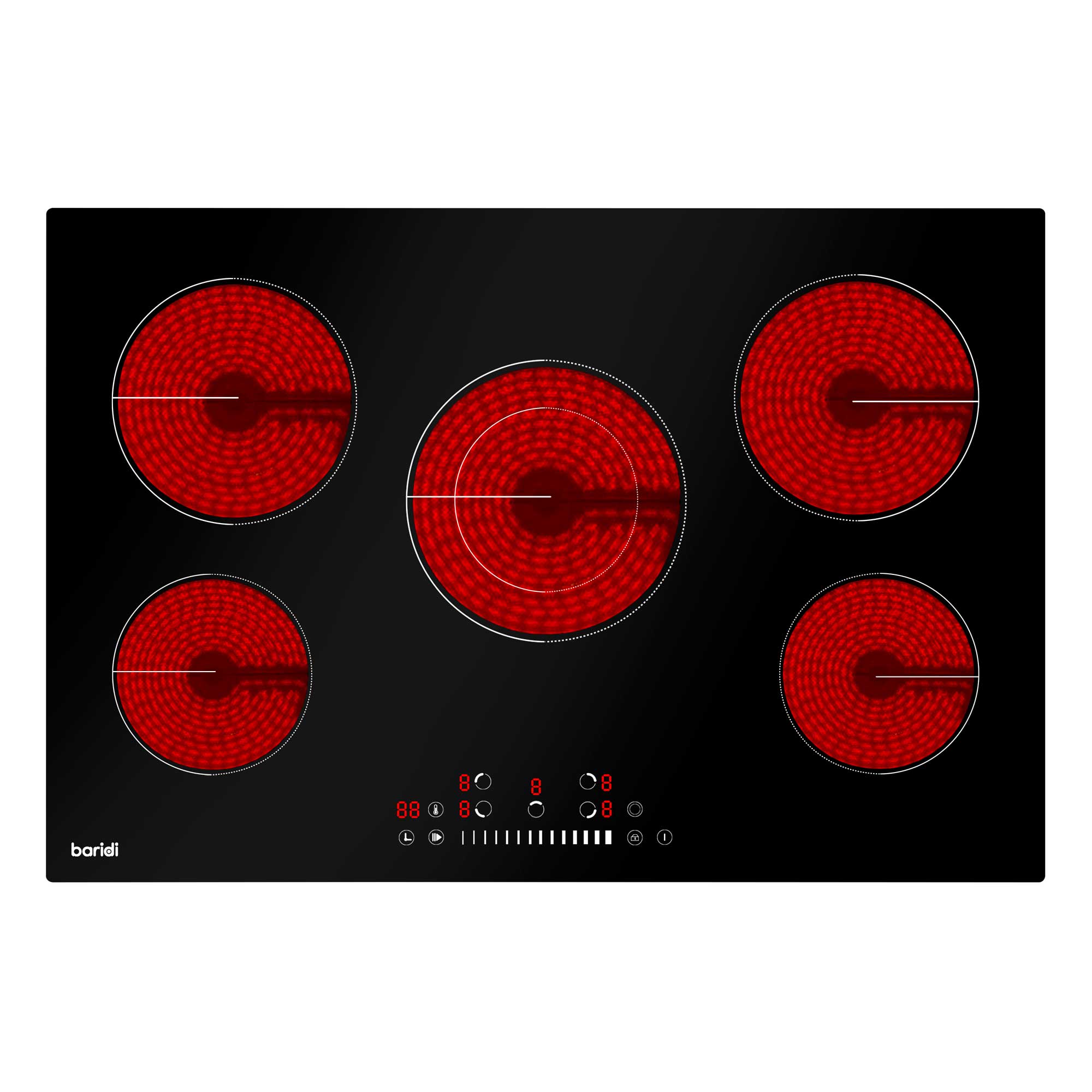 Baridi 77cm Built-In Ceramic Hob with 5 Cooking Zones - 8200W Black Glass Electric Cooktop for Modern Kitchens | Perfect for Home Chefs & Large Family Cooking