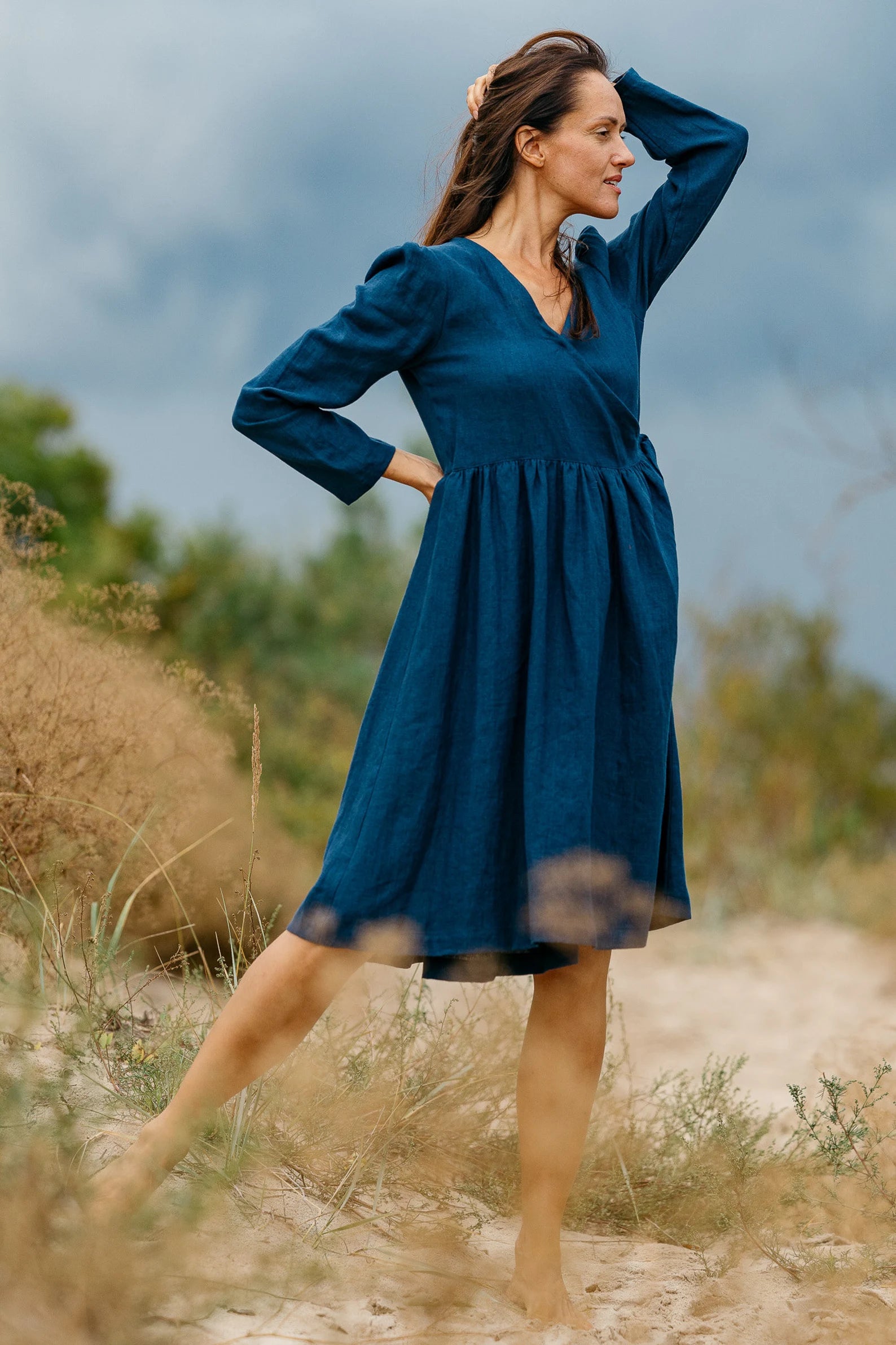 Wrap Linen V-Neck Dress - Venice Style Summer Beach Cover Up & Casual Day Outfit