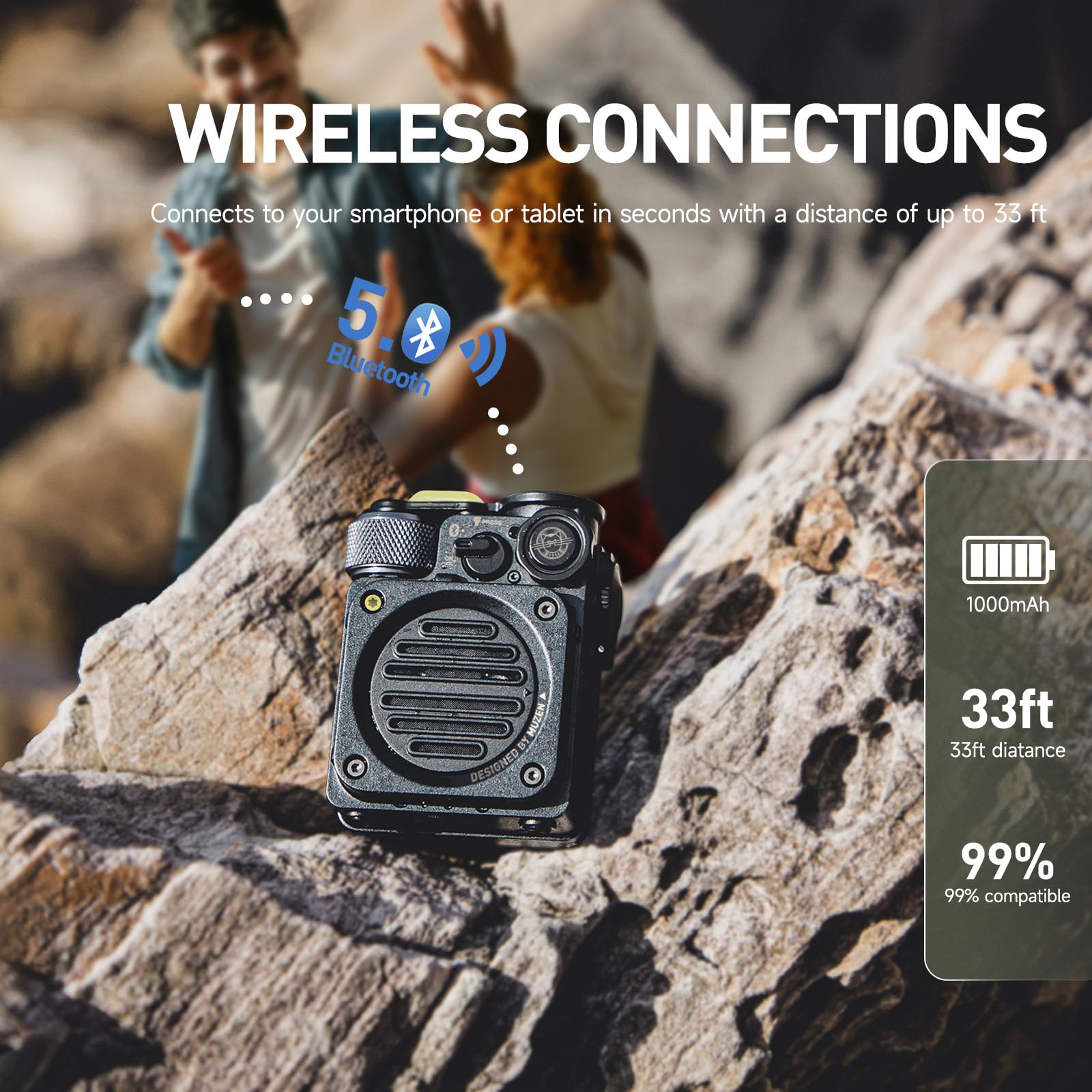 Muzen Wild Mini Portable Bluetooth Speaker - IPX5 Waterproof, Rugged Metal Design with Flashlight, Crystal Clear Stereo Sound for Outdoor Adventures, Camping, Hiking & Travel | Perfect for Beach, Backpacking & Pool Parties