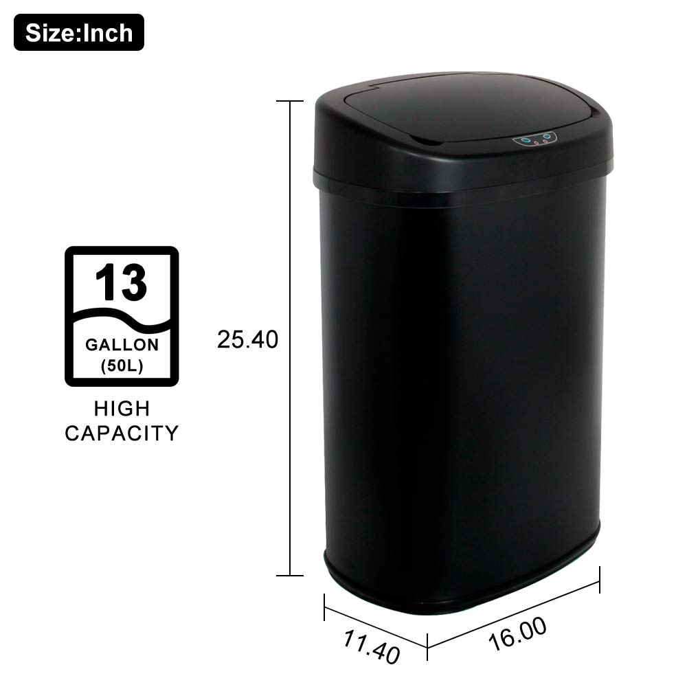 13 Gallon Stainless Steel Automatic Touchless Trash Can - Sensor Kitchen Garbage Bin for Bathroom, Office, Restroom - Black | Hands-Free Waste Disposal for Hygiene & Convenience