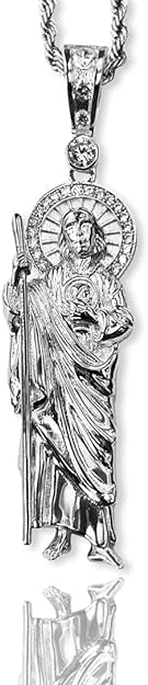 925 Sterling Silver Iced Out San Judas Pendant with 3mm Stainless Steel Rope Chain 16