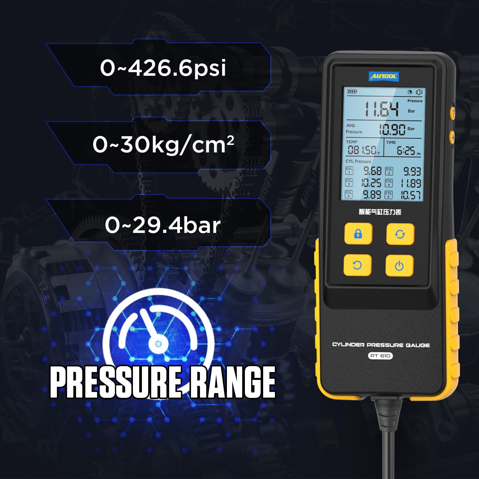 AUTOOL Digital Compression Tester 0-426PSI/0-29bar Automotive Engine Cylinder Compression Gauge Kit with Adapters & Hoses - 6 Data Memory, Backlit LCD Screen - Perfect for Petrol Engine Diagnostics & Performance Testing