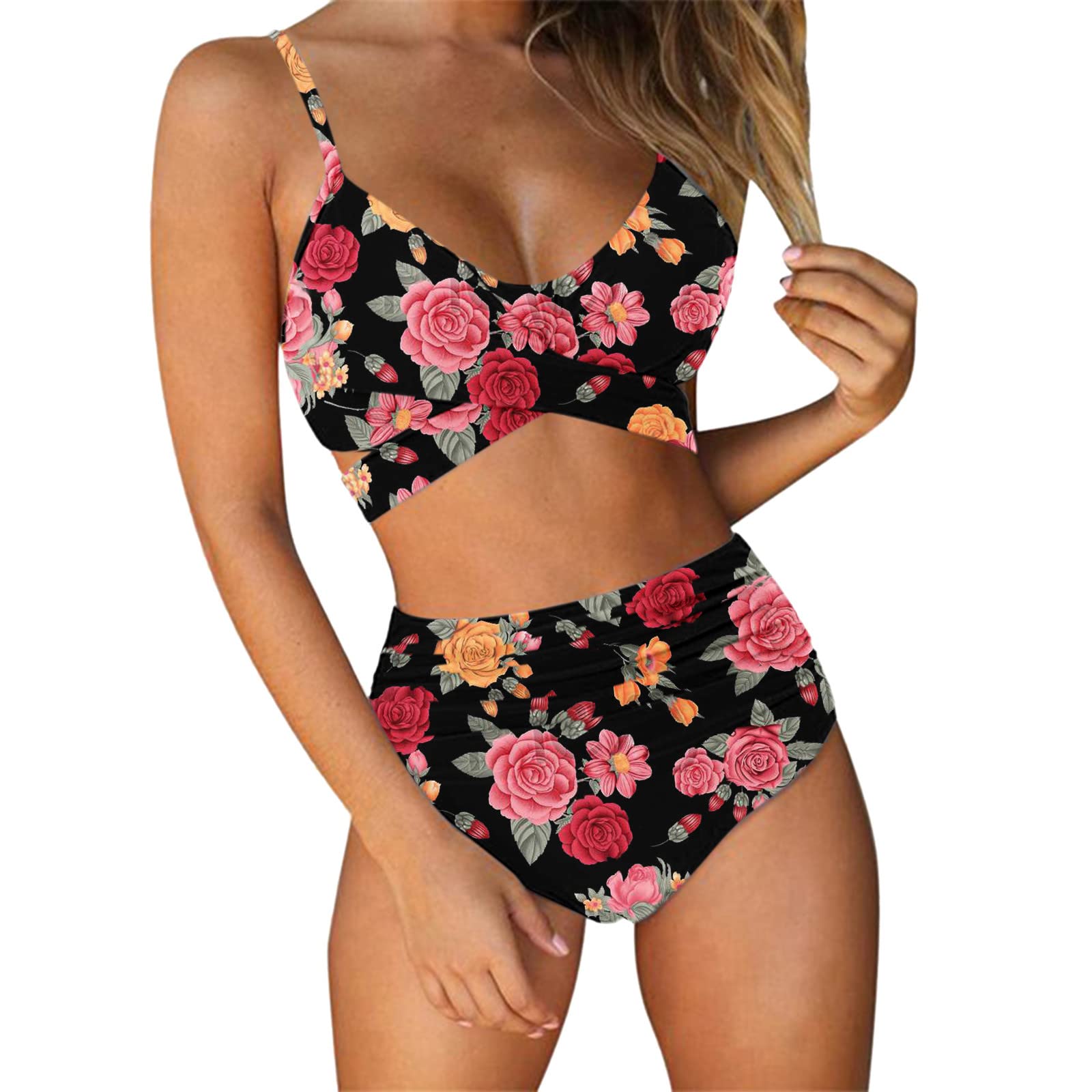 Women's Floral Print Criss Cross Waisted 2-Piece Swimsuit - High Waist Bikini Set for Teen Girls, Perfect for Beach Vacations & Pool Parties
