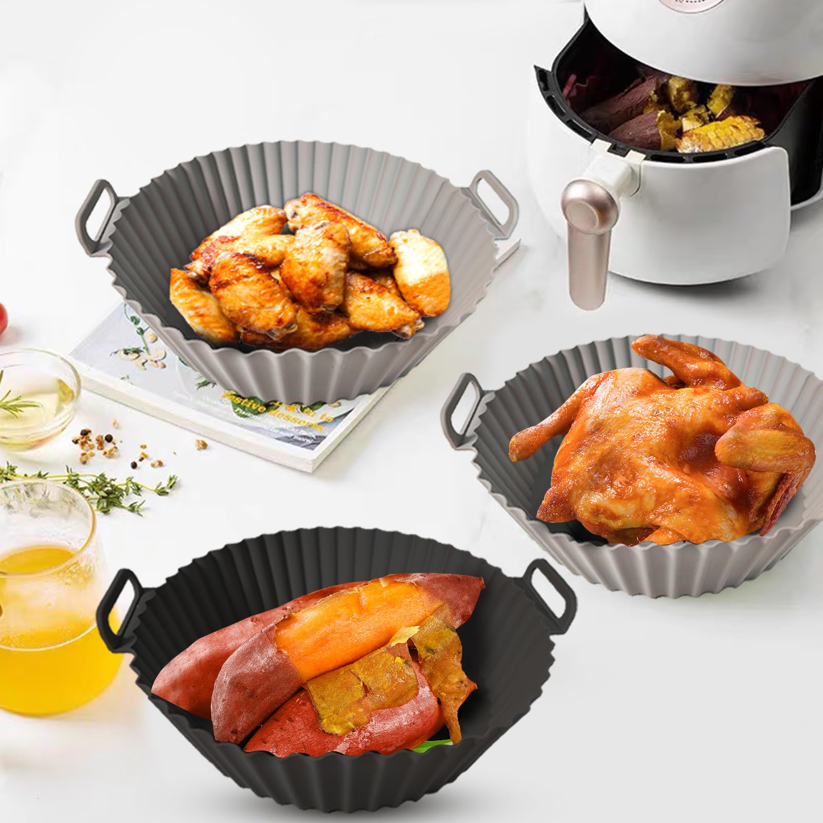 Kookkit 2 Pack Reusable Silicone Air Fryer Liners for 3-5 QT - Non-Stick Oven & Microwave Safe Accessories (7.87x6.69x1.97 Inches, Gray & Black) - Perfect for Healthy Cooking, Baking, and Meal Prep