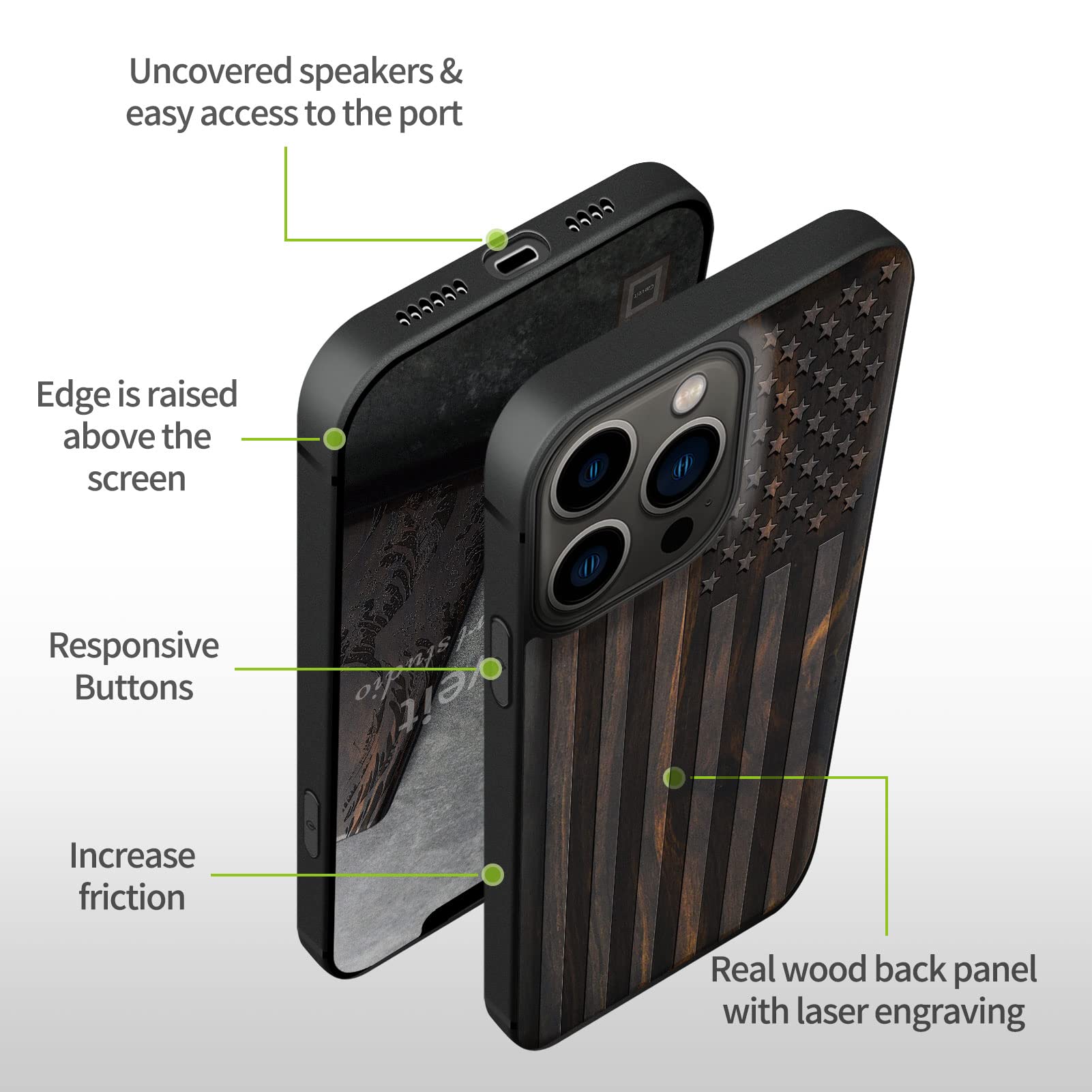 Carveit Magnetic Wood Case for iPhone 13 Pro - Hard Real Wood & Soft TPU Hybrid Protective Cover - Shockproof, Slim & Stylish - MagSafe Compatible - American Flag Blackwood Design - Perfect for Outdoor, Office & Everyday Use