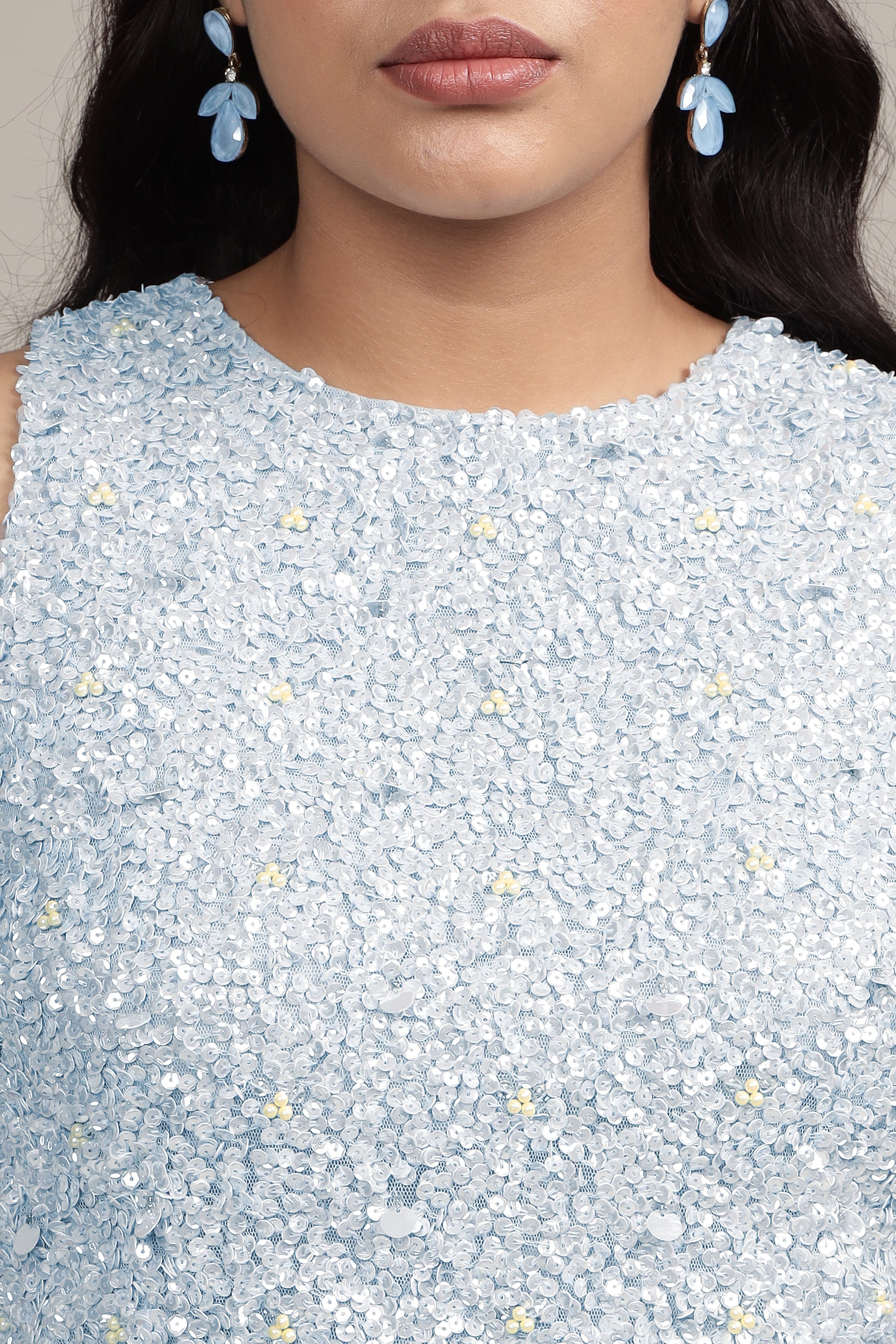 Light Blue Embellished Picasso Top for Women | Elegant Blouse for Casual Wear, Office & Special Occasions