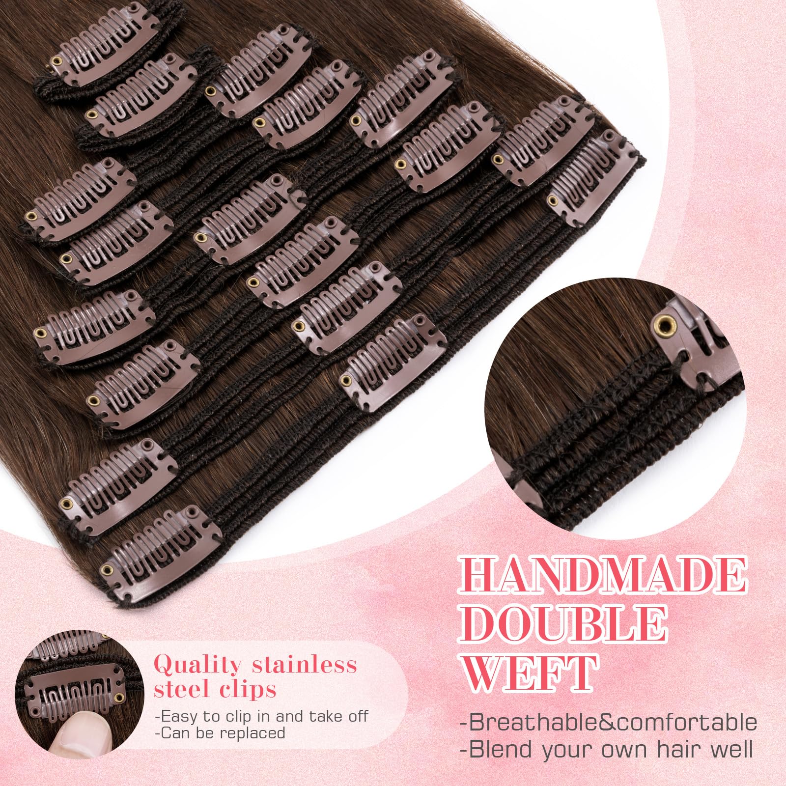 S-noilite 18 Inch Clip in Human Hair Extensions - 8pcs 140g Straight Real Human Hair Double Weft #4 Medium Brown - Perfect for Parties, Weddings & Daily Styling