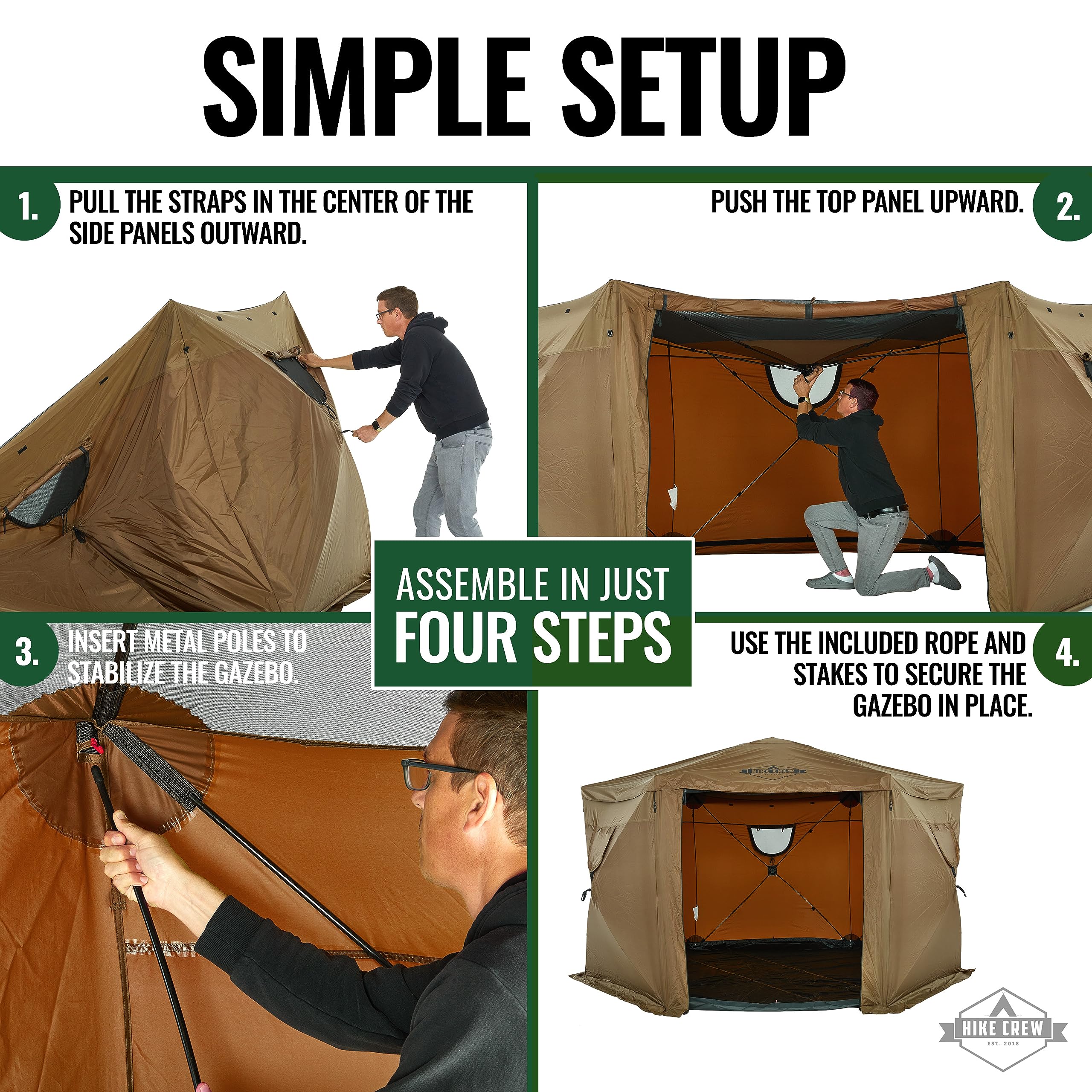 Hike Crew 13’ x 13’ Waterproof Pop-Up Gazebo Tent with Built-in Floor | 6-Sided Outdoor Canopy Shelter, Screened Roof & Cover, UV Resistant SPF 50+ | Perfect for Camping, Backyard Parties, Beach Outings & Outdoor Events
