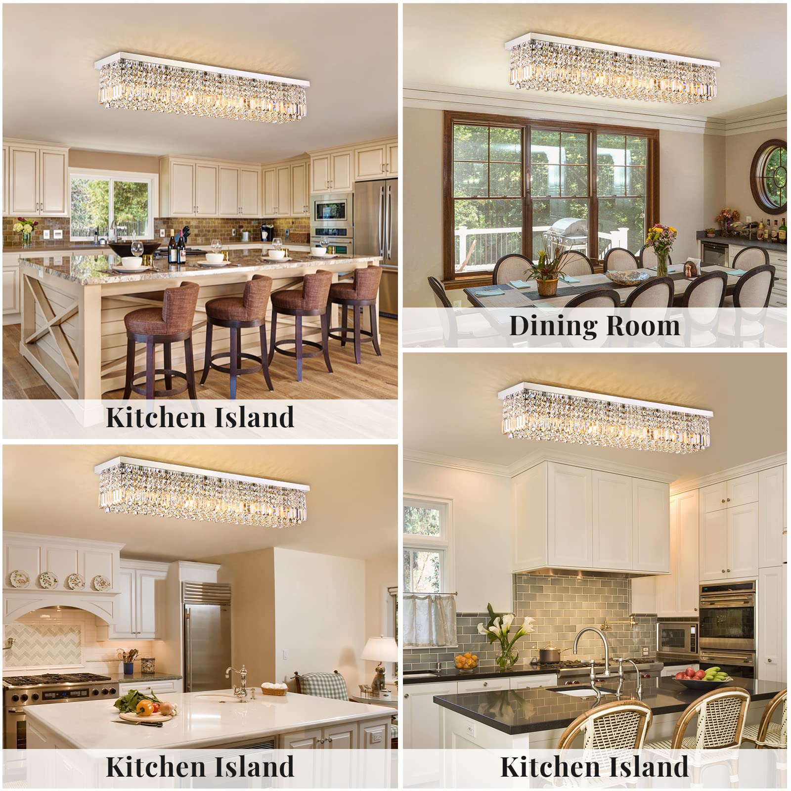 Siljoy Modern 10-Light Crystal Chandelier - Rectangular Flush Mount Ceiling Light Fixture with K9 Crystal Raindrops - 47