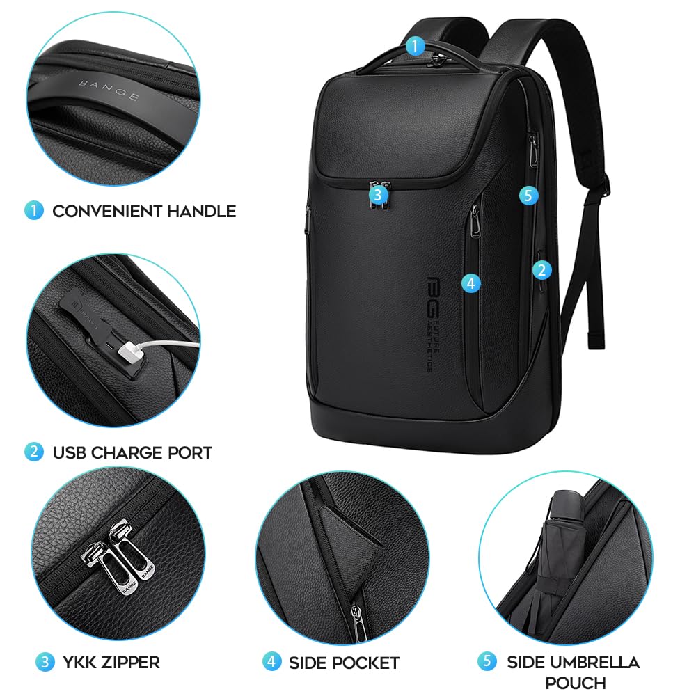 BANGE Business Smart Backpack - Waterproof 15.6 Inch Laptop Backpack with USB Charging Port, Durable Travel Backpack for Work, Commuting & College | Perfect for Office Professionals, Students & Business Trips