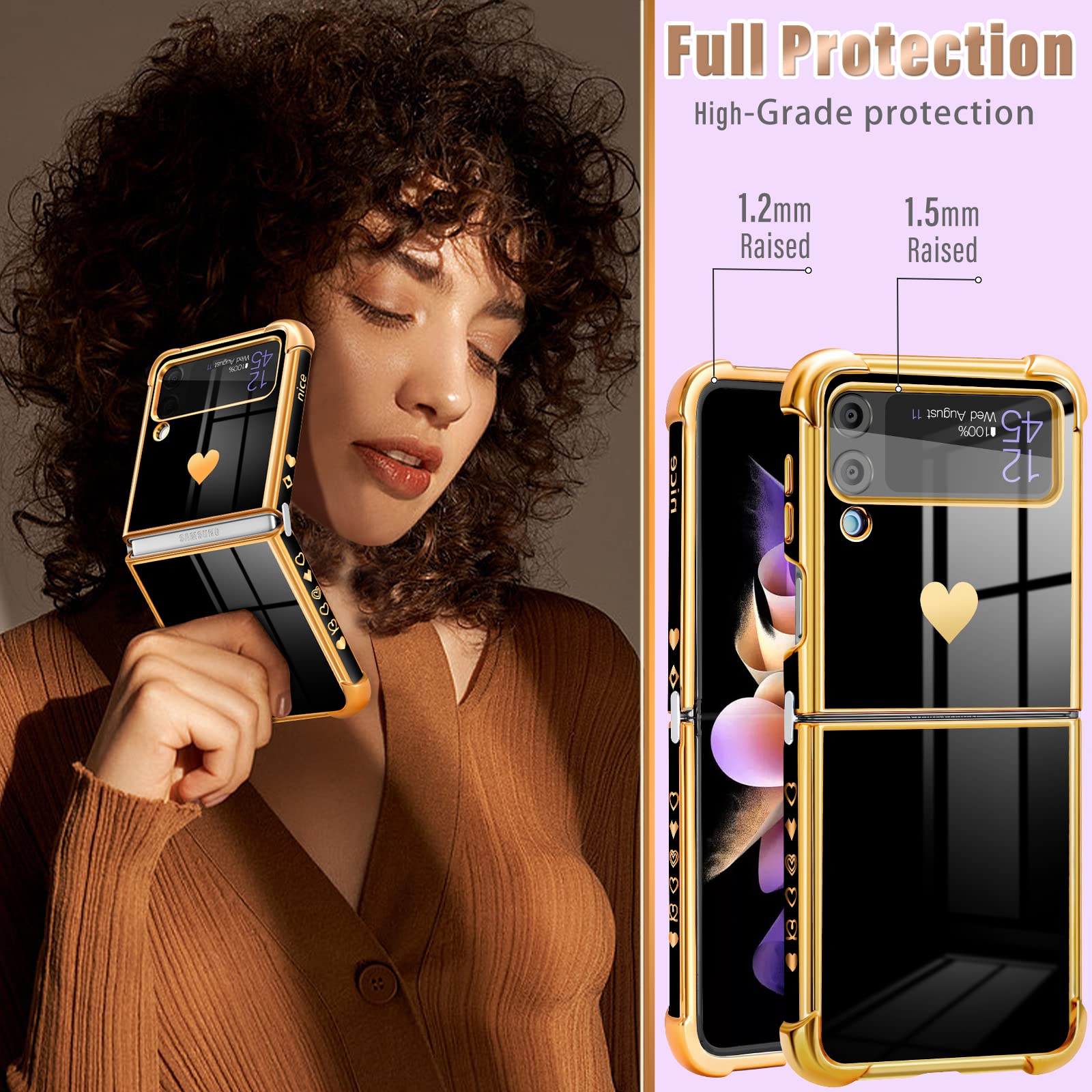 Luxury Black and Gold Plated Heart Design Phone Case for Samsung Galaxy Z Flip 4/5G 6.7