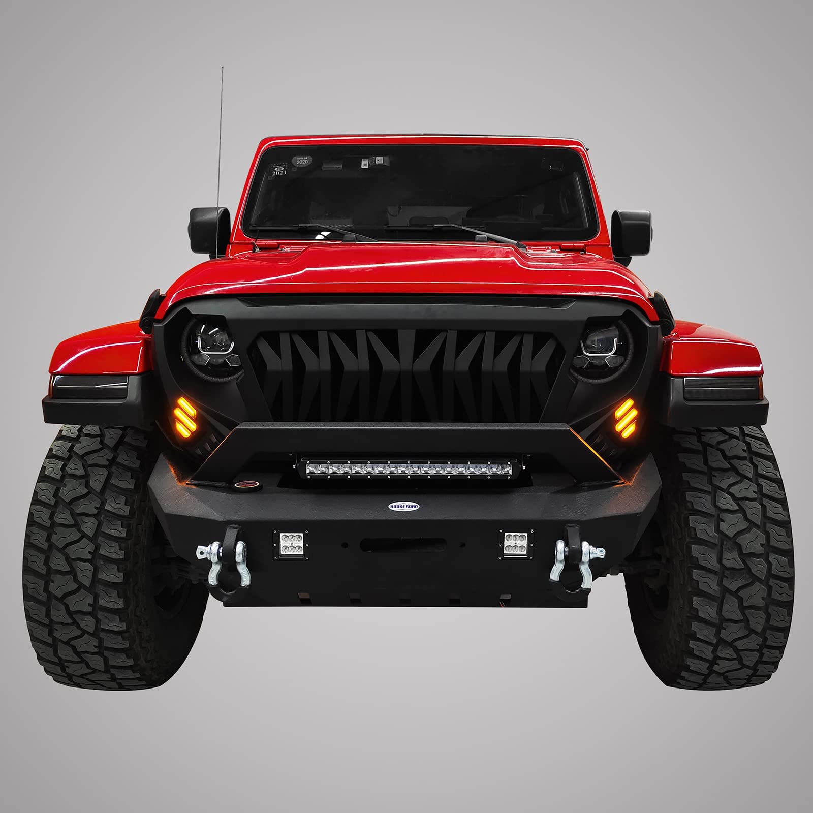 Hooke Road JL/JT Front Grill Cover Shark Grille Guard with Amber Signal Lights for Jeep Wrangler JL JLU & Gladiator JT 2018-2025 | Off-Road Protection & Stylish Upgrade for Adventure Enthusiasts