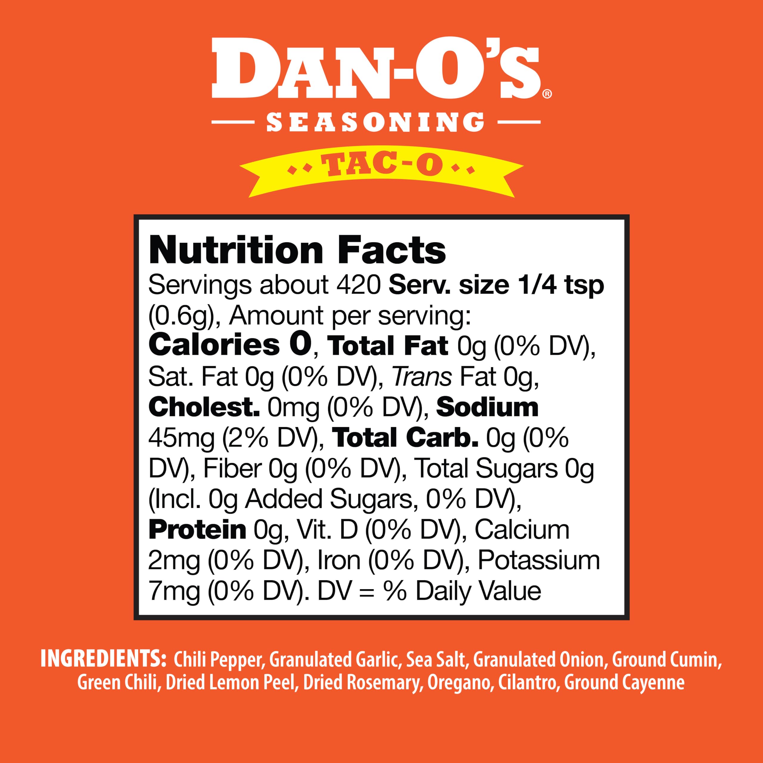 Dan-O's Tac-O™ All-Natural Sugar-Free Zero Calorie Taco Seasoning Mix - Perfect for Tacos, Meats, Veggies & Snacks - 3.35 oz Bottle for Cooking, Grilling & Everyday Meals | Great for Family Dinners, BBQs & Healthy Meal Prep