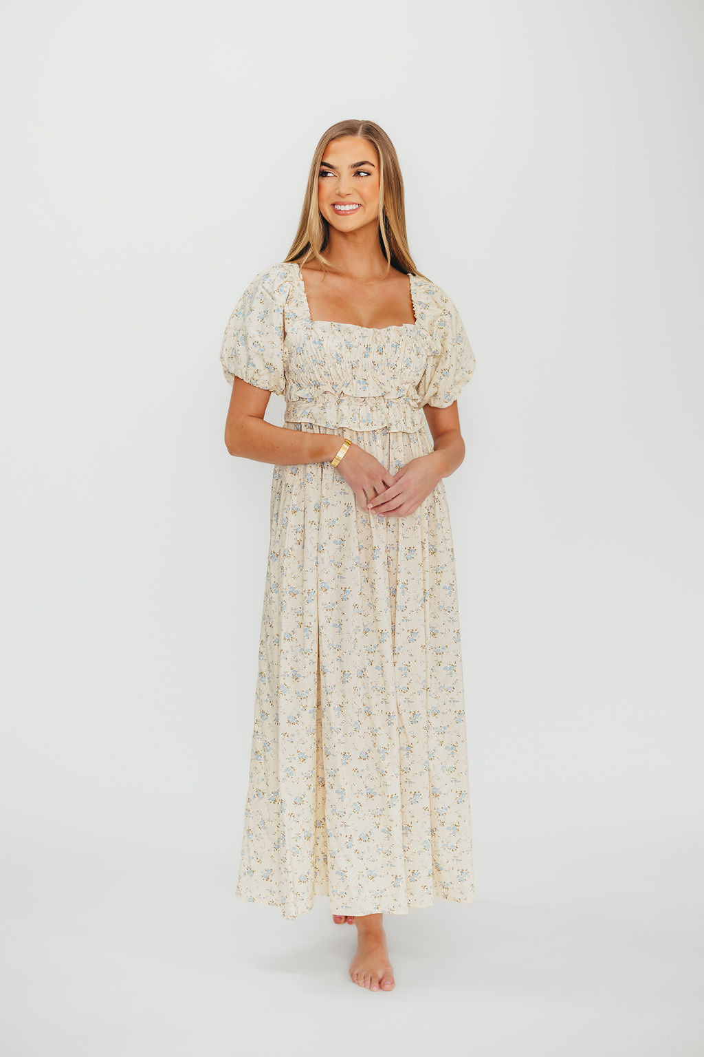 Finley 100% Cotton Peplum Midi Dress - Ivory & Blue - Bump & Nursing Friendly Maternity Dress for Pregnancy & Breastfeeding | Perfect for Casual Outings, Baby Showers & Nursing Dates
