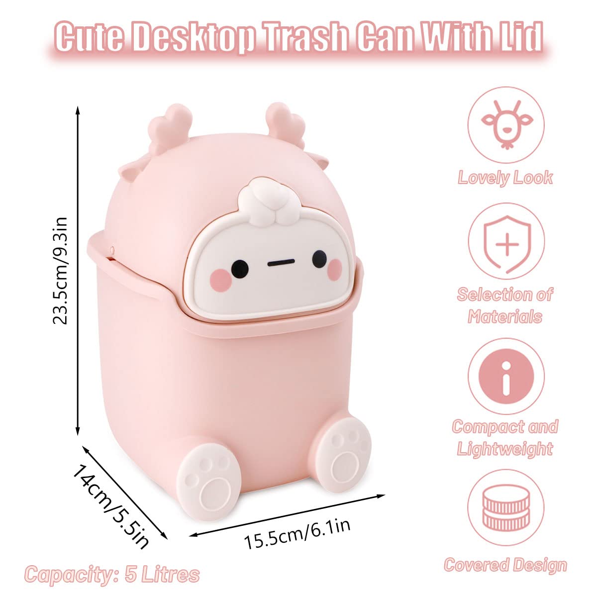 Cute Pink Mini Desktop Trash Can with Flip Lid - Includes 90 Trash Bags, Plastic Waste Bin for Bathroom, Kitchen, Office & Dressing Table - Perfect for Small Spaces & Home Organization