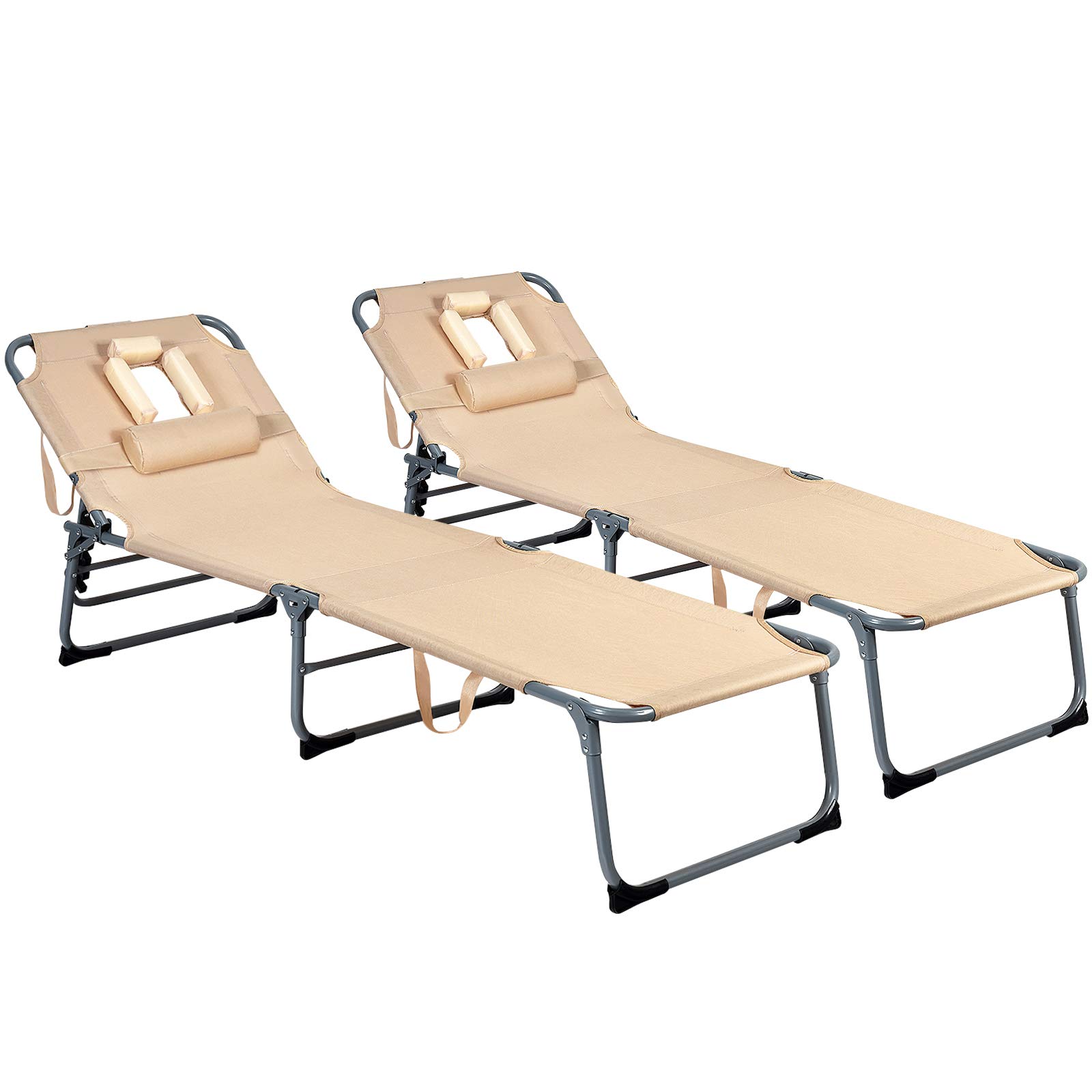 GYMAX Adjustable Folding Beach Chaise Lounge with Face Hole & Removable Pillow - Portable Sunbathing Recliner for Backyard, Patio, Poolside - Lightweight Outdoor Lounge Chair for Travel, Camping & Beach Vacations (Sand Color)