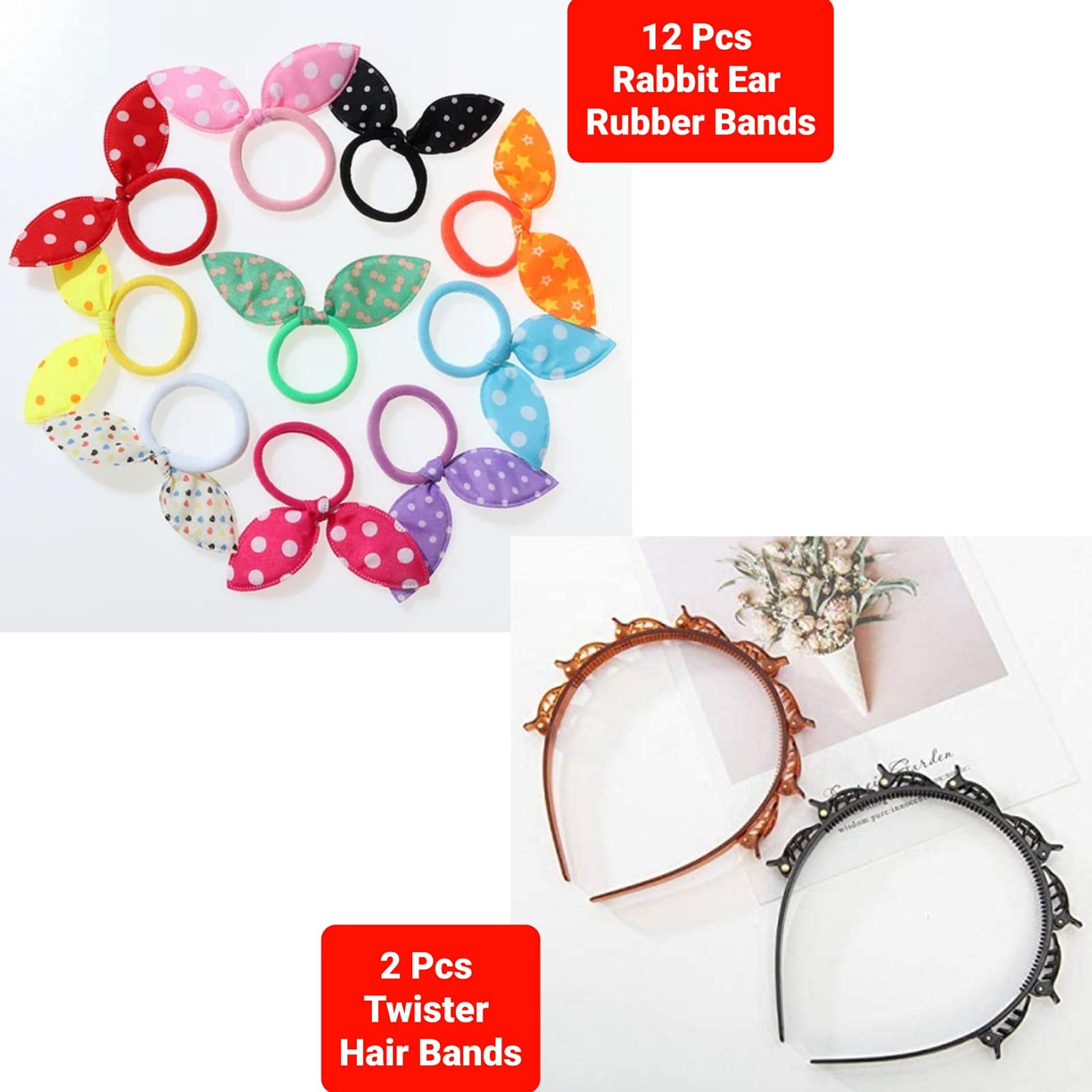 BELLO TOKO 14-Pack Hair Bands for Girls & Women - 12 Rabbit Ear Rubber Bands & 2 Twister Hair Ties (Black & Brown) - Cute Hair Accessories for School, Work, Parties & Everyday Styling