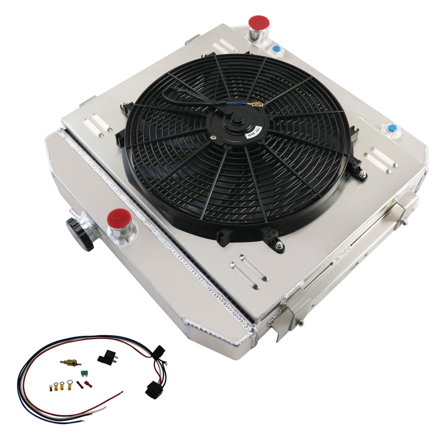 High-Performance 4 Core Aluminum Radiator with Shroud Fan & Relay Kit - Compatible with 1955-1957 Chevy Bel Air & Del Ray V8 - Easy Mounting & US Shipping - Perfect for Classic Car Restoration & Hot Rod Upgrades