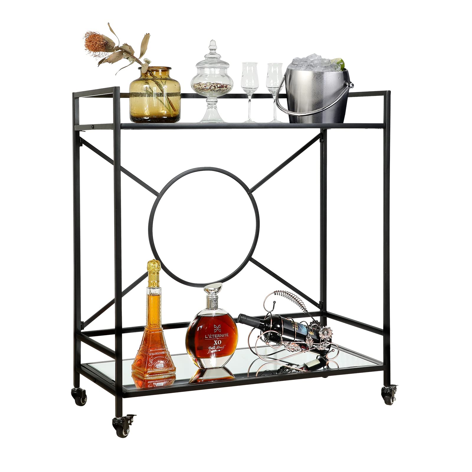Palama Black Bar Cart for Home - Easy Assembly with Only 4 Screws, 2-Tier Rolling Bar Cart with 2 Mirrored Shelves & Lockable Wheels - Perfect for Living Room, Kitchen, or Outdoor Entertaining