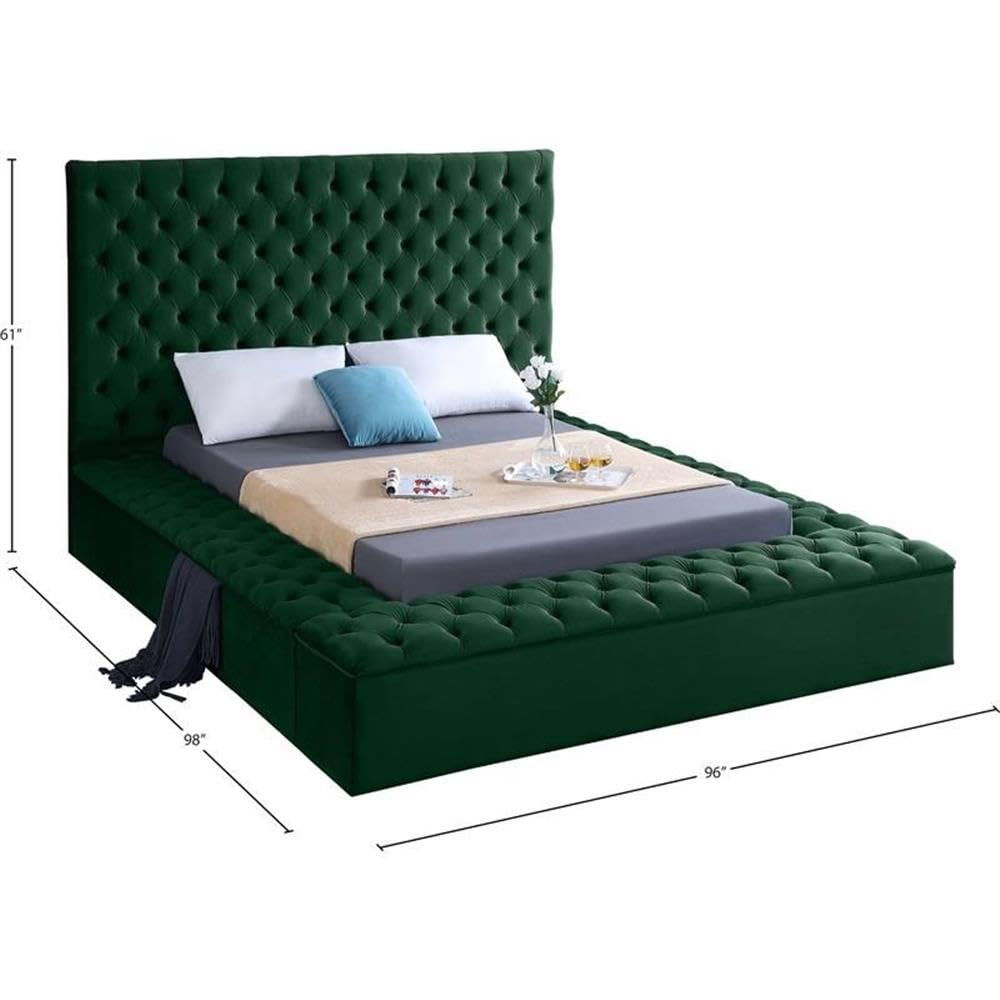 MAKLAINE Contemporary Solid Wood Tufted Velvet King Size Bed Frame in Emerald Green - Luxurious Bedroom Furniture for Modern Master Bedroom Decor