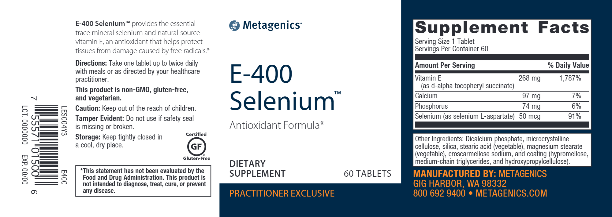 E 400 Selenium Supplement - 60 Capsules | Antioxidant Support for Immune System & Thyroid Health | Daily Wellness for Adults