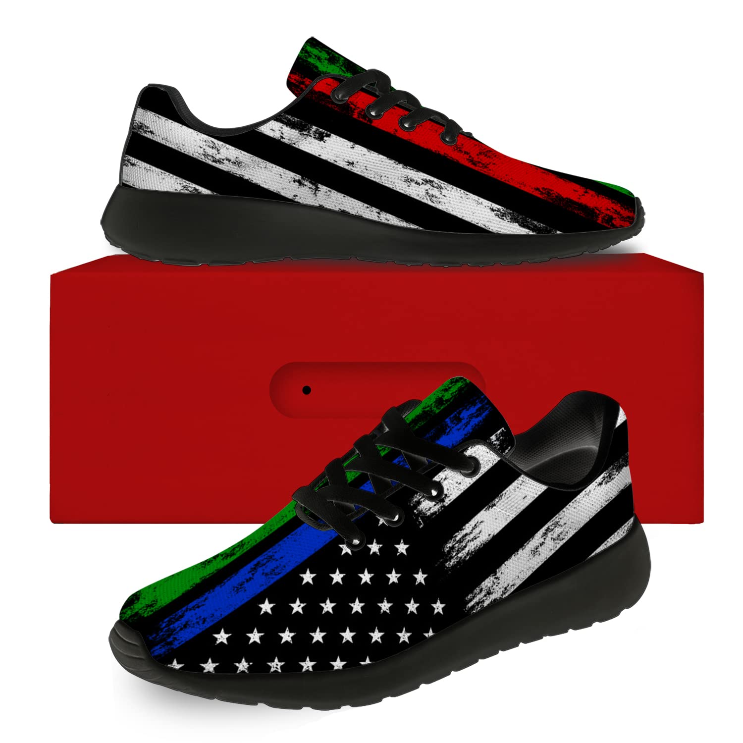 Men's & Women's Thin Blue Line Green Line Red Line Running Shoes - Patriotic American Flag Sneakers for Walking, Tennis, Jogging - Comfortable Athletic Shoes for Men Size 12 / Women Size 15 in Black - Perfect for Police Supporters, Firefighters, Military Appreciation & Patriotic Gifts