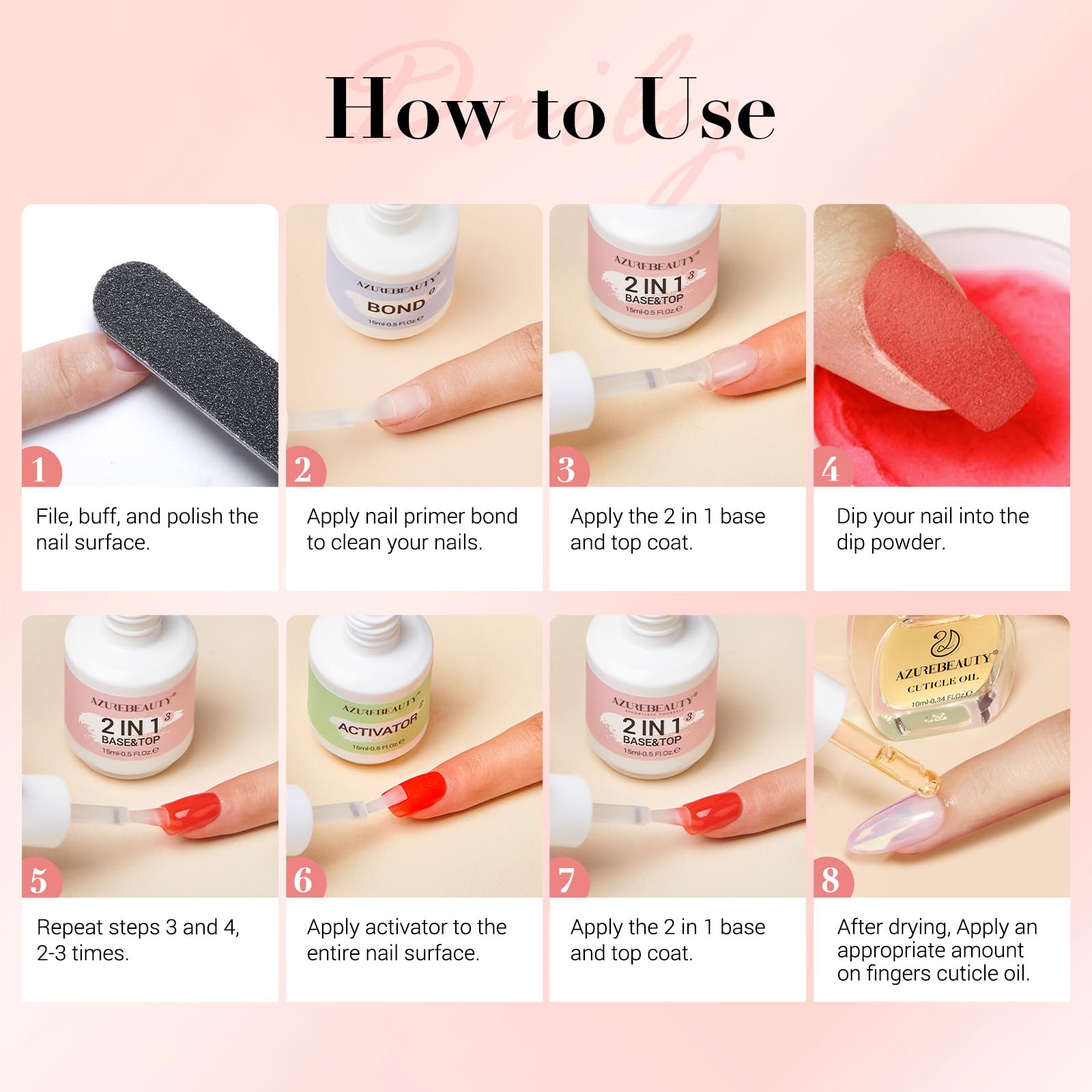 AZUREBEAUTY Dip Powder Liquid Set - 15ml/0.5oz Nail Repair Kit with Base Coat, Top Coat, Activator & Cuticle Oil - No UV Lamp Needed for Strong & Long-Lasting Dip Powder Nails - Perfect for Salon-Quality Manicures at Home or Professional Nail Art