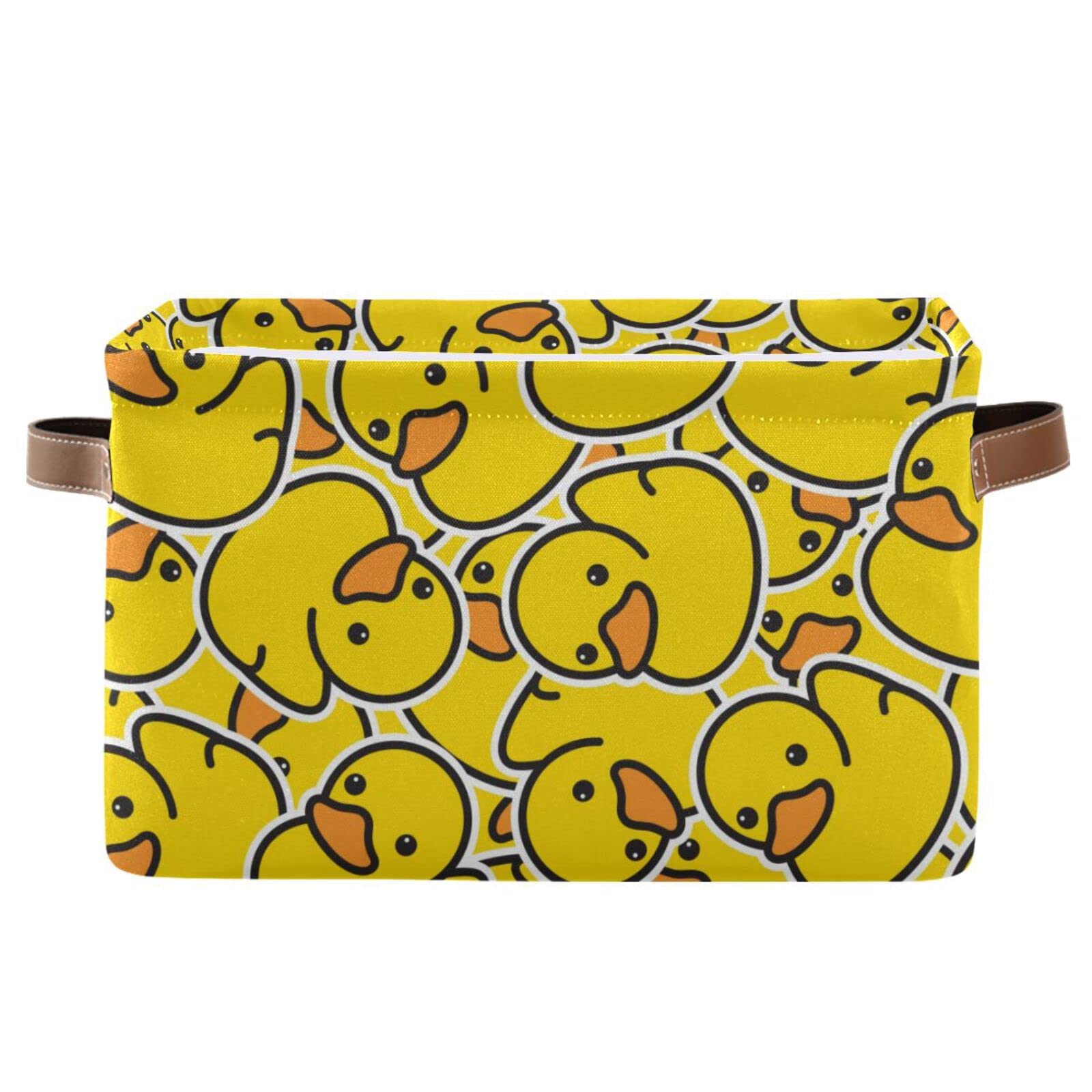 ALAZA Cute Yellow Duck Rubber Collapsible Storage Basket with Handles - Durable Canvas Toy Organizer Bin for Shelf, Closet, Bedroom & Home Office - Perfect for Kids' Room Decor, Bathroom Storage & Nursery Organization