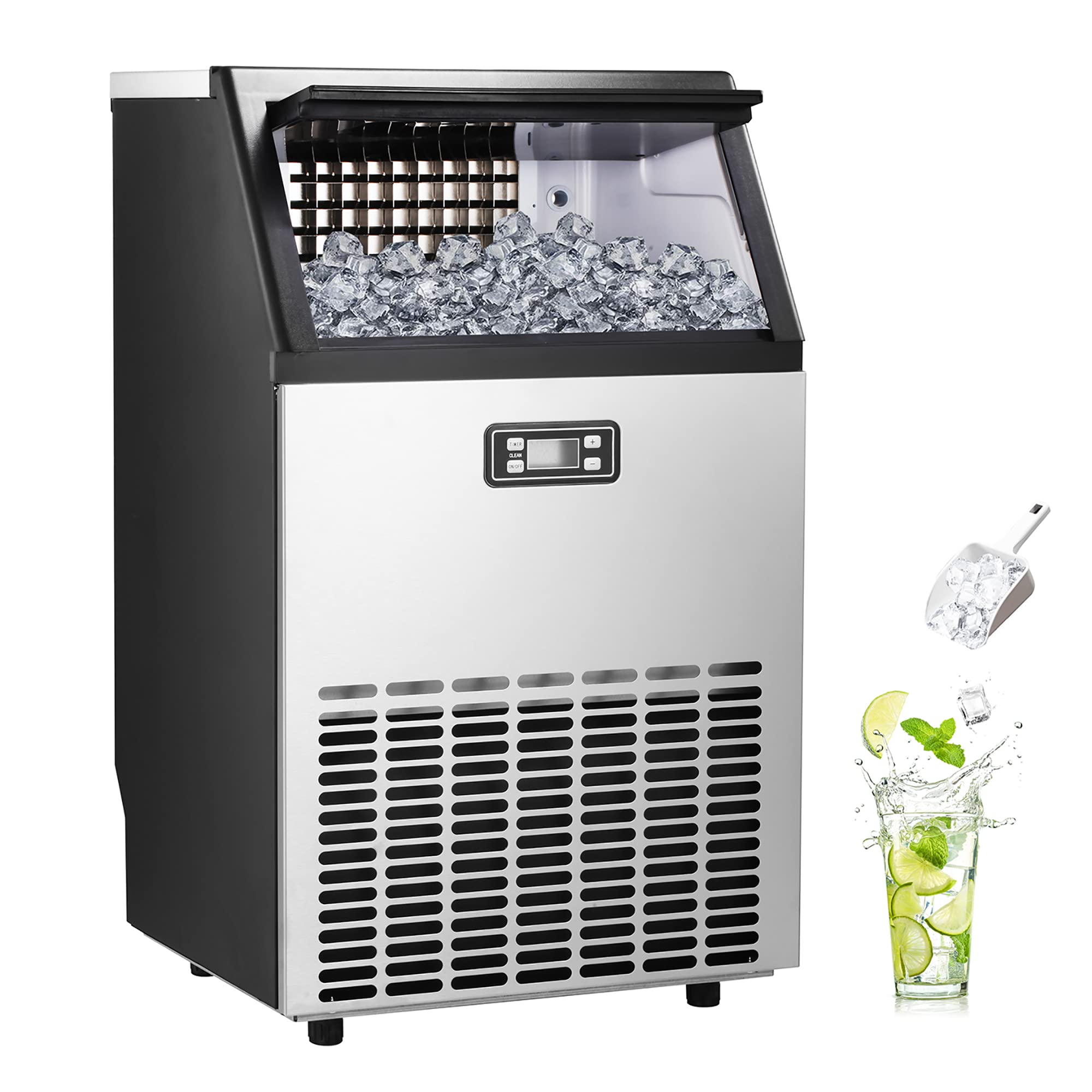 Commercial Ice Maker Machine 100Lbs/Day - 48Lbs Capacity Stainless Steel Ice Machine for Restaurants, Bars, Home & Office Use - Includes Ice Scoop - Perfect for Cocktails, Beverages & Food Preservation