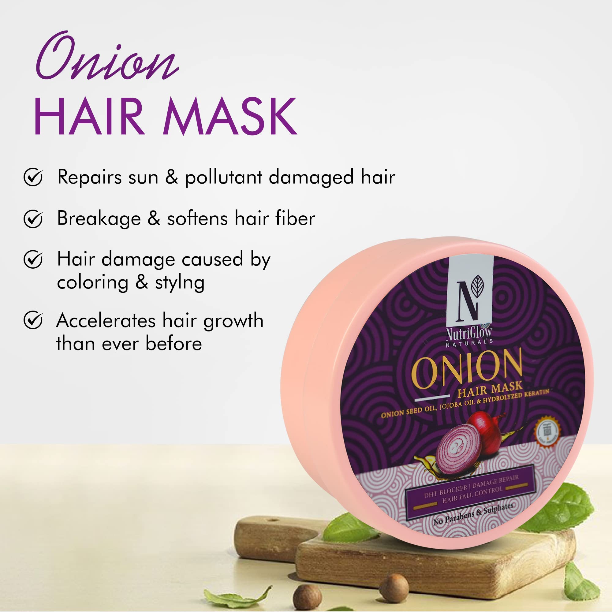 NutriGlow NATURAL'S Onion Hair Mask - Deep Conditioner Treatment for Dry, Damaged & Frizzy Hair | Stimulates Hair Growth | Instantly Shiny & Manageable Hair | Sulfate-Free | 200g | Perfect for Daily Hair Care & Salon-Quality Treatment at Home