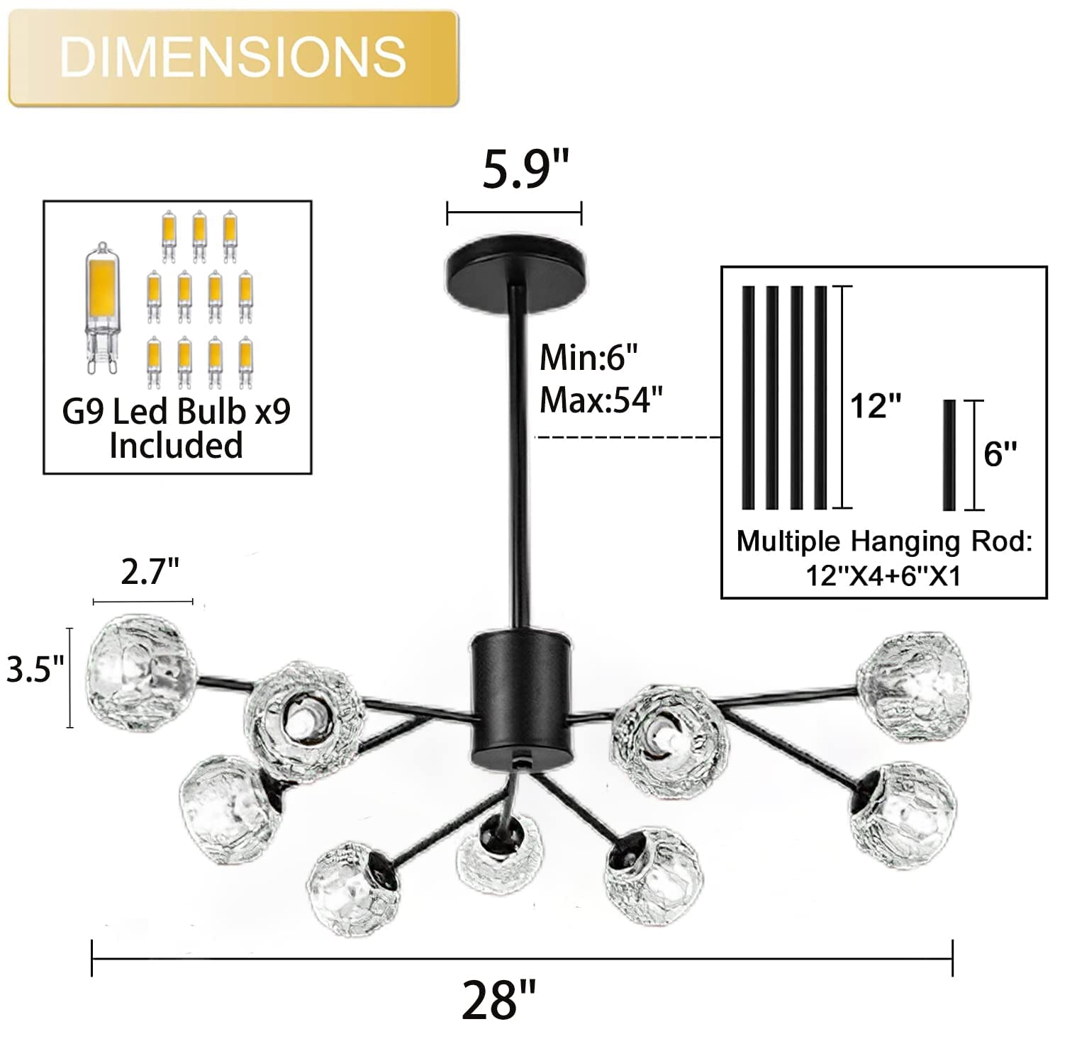 Modern Black Sputnik Chandelier - 9-Light Crystal Pendant Lighting Fixture for Living Room, Dining Room, Bedroom | Elegant Home Decor for Contemporary Interiors & Dinner Parties